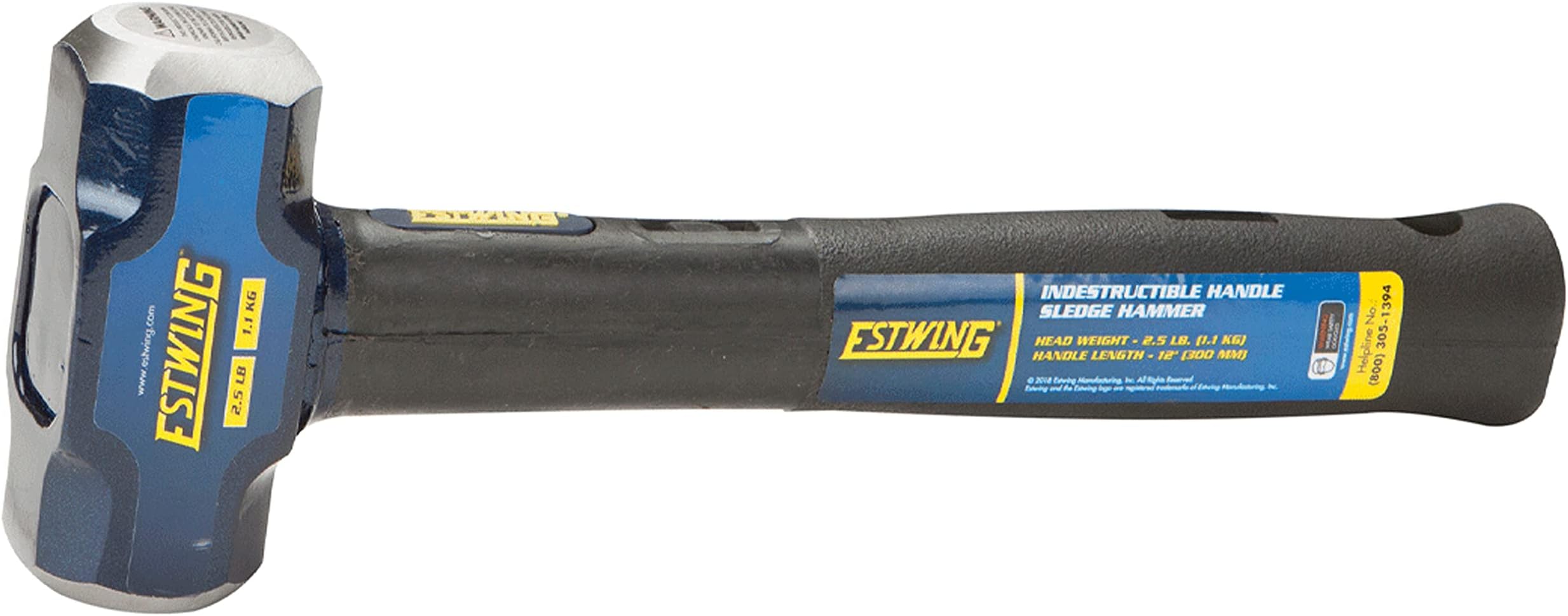 Estwing 2.5-Pound Hard Face Sledge Hammer - 12-Inch Indestructible Handle, Locked Steel Head, Vulcanized Rubber Grip for Demolition & Stake Driving