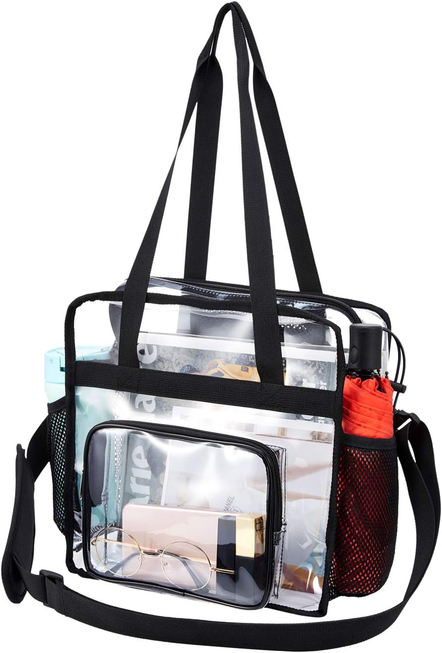 Clear Tote Bag Transparent Stadium Shoulder for Women Clear Cross Body Messenger with Front Pocket and Adjustable Strap 2pack