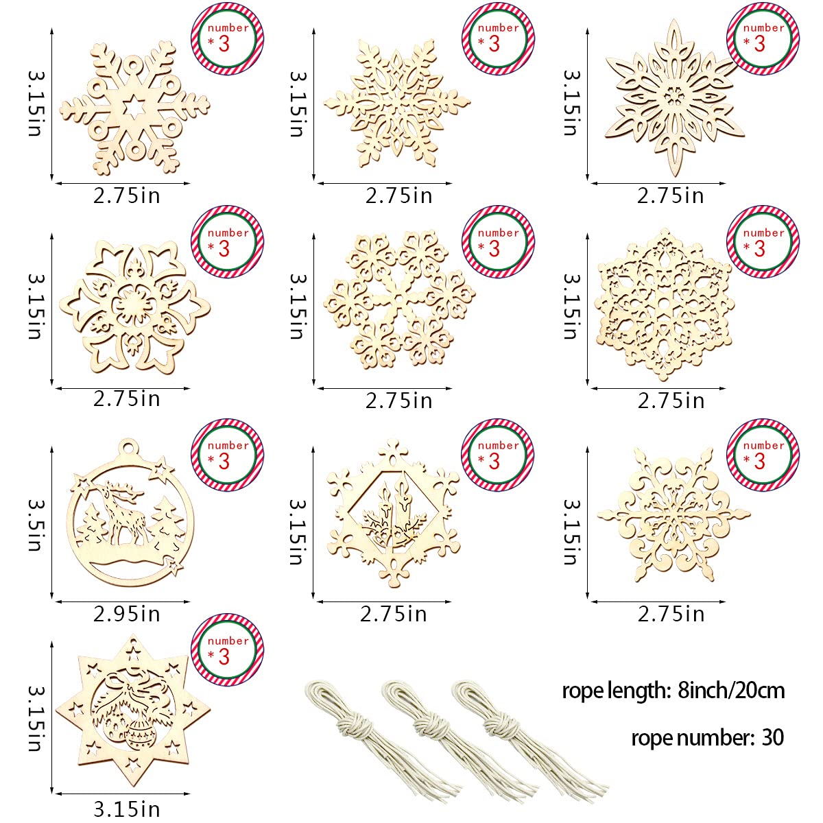30 PCS Wooden DIY Christmas Ornament Crafts for Kids Wooden Snowflake for Crafts