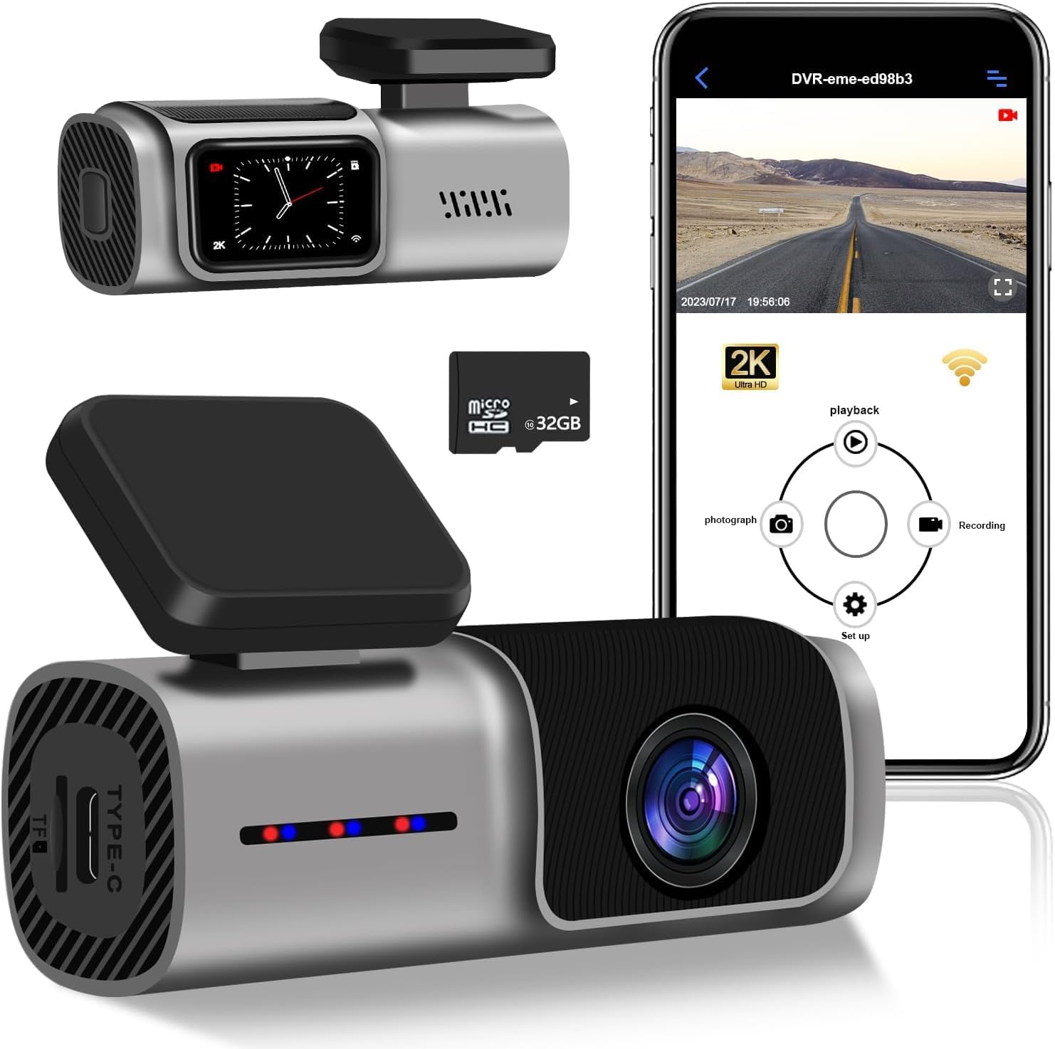 Dash Cam Front 2K WiFi Dashcam with Free 32G SD Card, Dash Camera for Cars Mini Dashcam with App Control, G-Sensor, Super Night Vision, WDR, Loop Recording, Parking Monitor