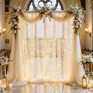 10x8 FT Champagne Tulle Backdrop Curtain with Lights String for Parties - Wrinkle-Free Sheer Background Curtains for Wedding Birthday Baby Shower and Home Decorations (2 Panels 5x8FT)