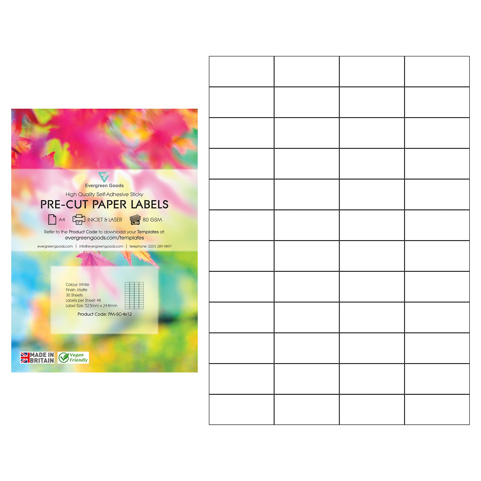 30 Sheets A4 Precut Multi Labels White Labels MATT Self Adhesive Paper Stickers Multi Purpose Labels Inkjet and Laser Printing (4 x 12 (48 per Sheet))