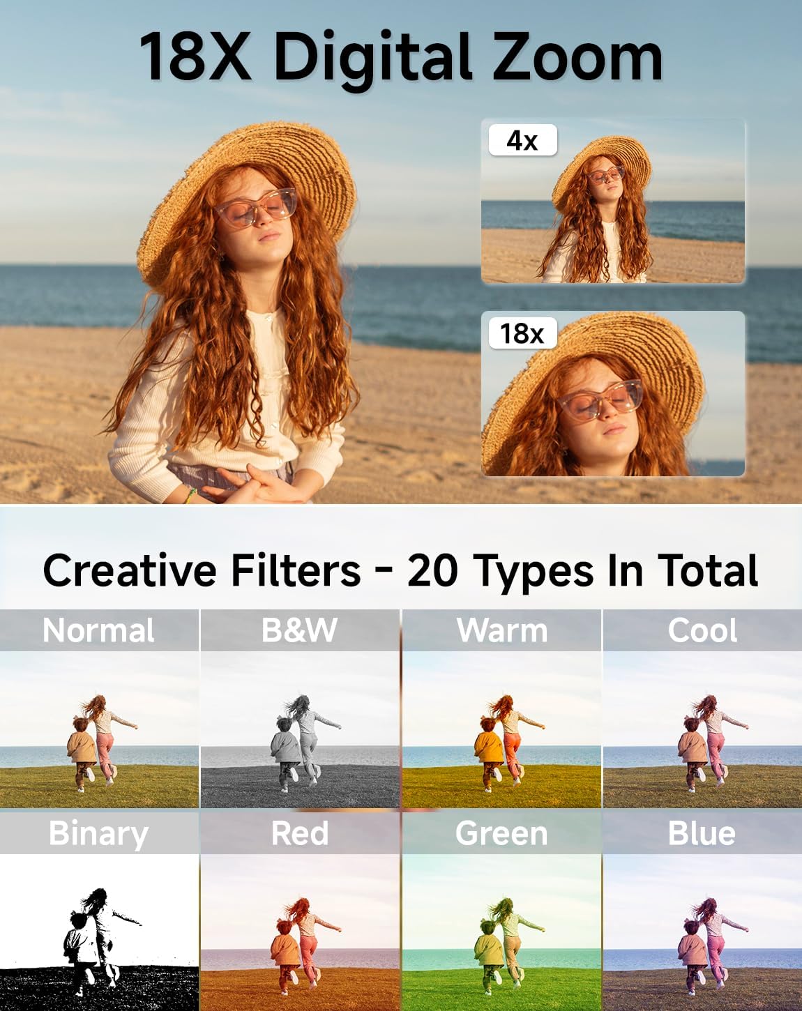 Digital Camera for Kids, FHD 1080P 44MP Point and Shoot Digital Camera with Face Detect, Smile Capture, 18X Zoom, 20 Filters, Anti Shake, 32GB SD Card Blcak Compact Vintage Camera for Kids Boys Girls - Image 5