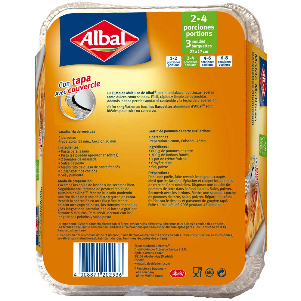 Albal aluminiowe 22 x 17 x 3,5 cm z pokrywką, naczynia jednorazowe, do pieczenia, zamrażania i przechowywania żywności, 2 – 4 porcje, 3 formy
