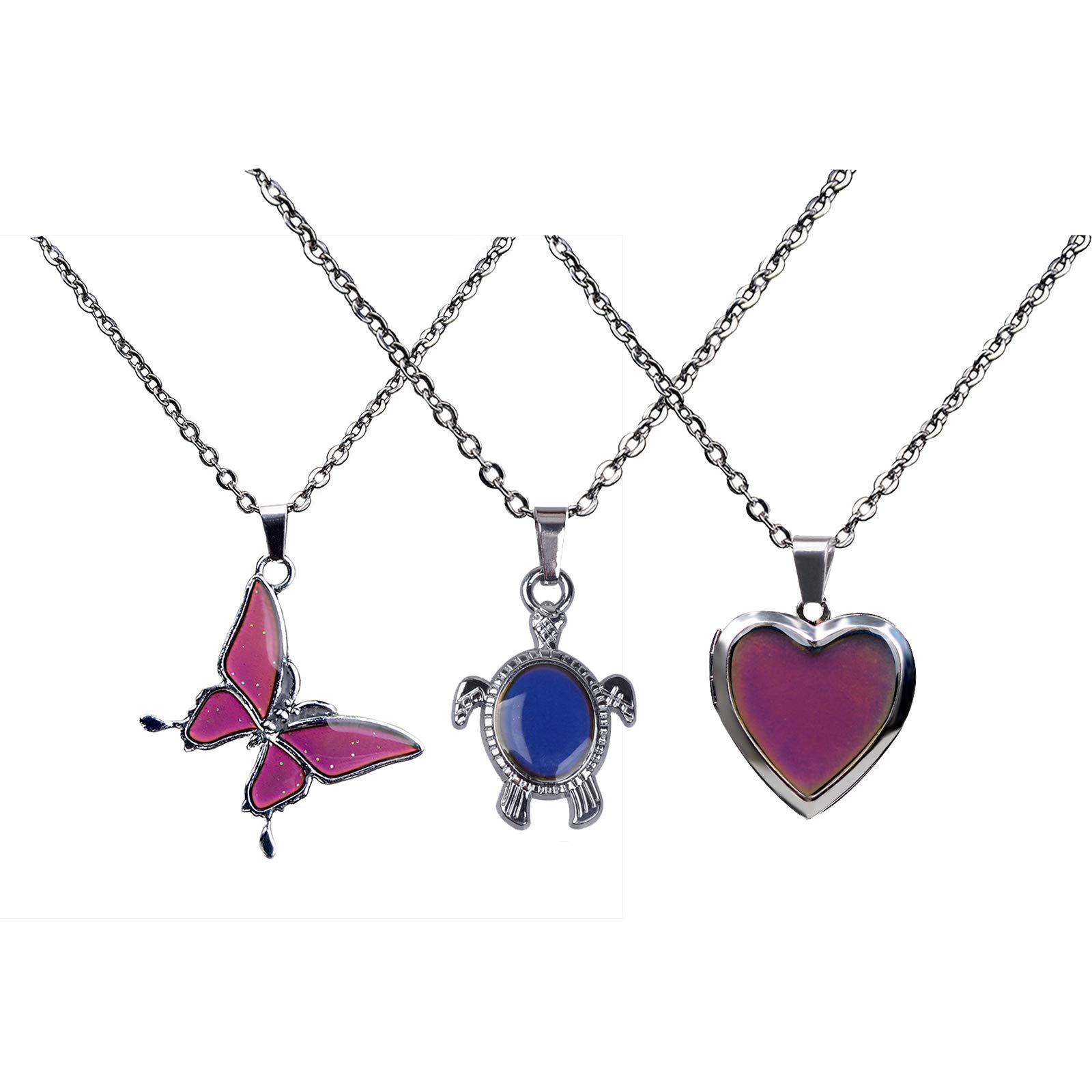 ChenLanLan3pcs Temperature Sensing Color Changing Mood Necklace Set Turtle Butterfly Love Heart Shape Pendant Control Emotion Feeling Romantic Stainless Steel Chain Jewelry