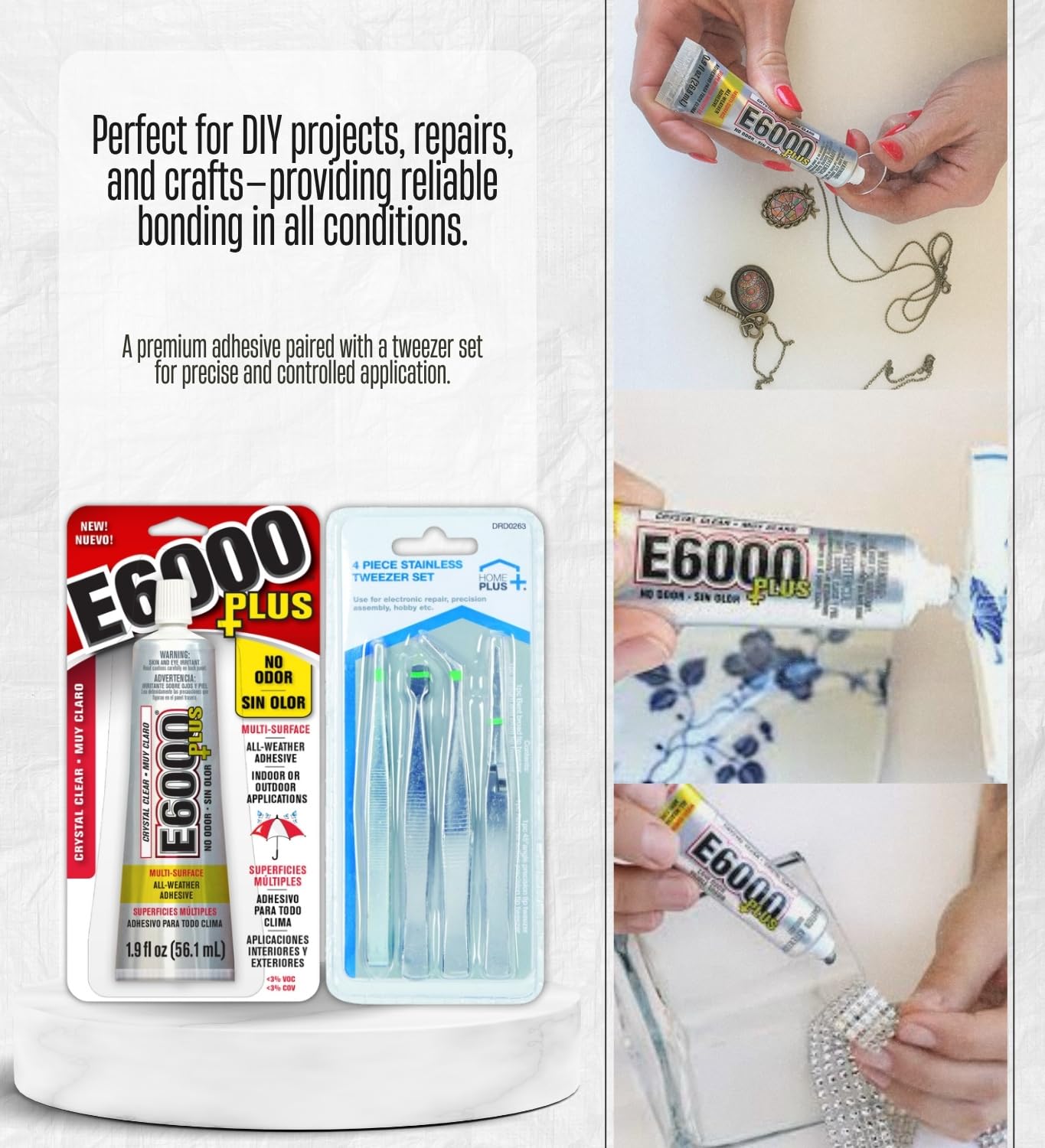 2X E6000 High Strength Clear All-Weather Adhesive 1.9 oz – Bundle with Tweezers Set – Precision Tip, Waterproof, Durable Adhesive for Crafts, Repairs & Construction – Gift Set (3 Items)