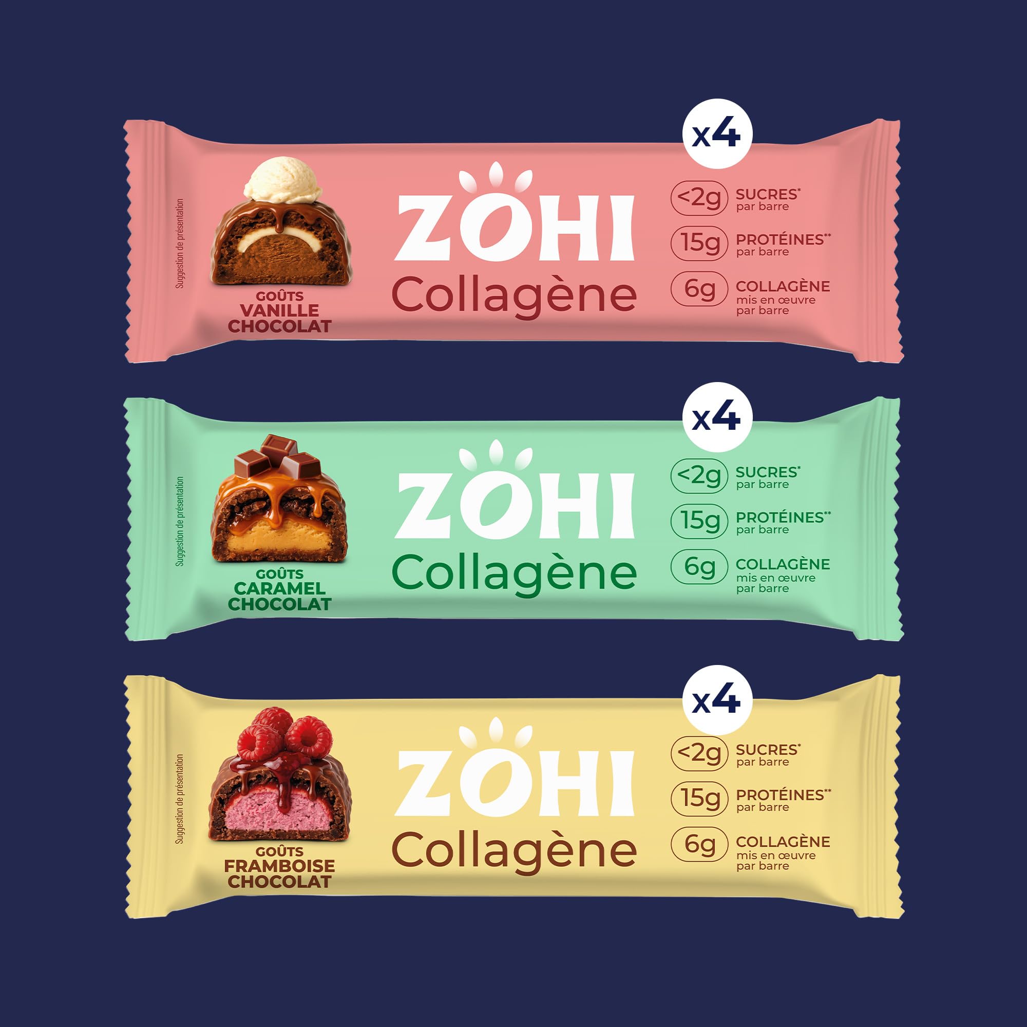 ZOHI - Pack Découverte de 12 barres aux 3 Saveurs - Barres au Collagène Riche en Protéines et Faible en Sucre Saveurs Chocolat et Vanille, Chocolat et Caramel, Bien-être - 12 x 50g