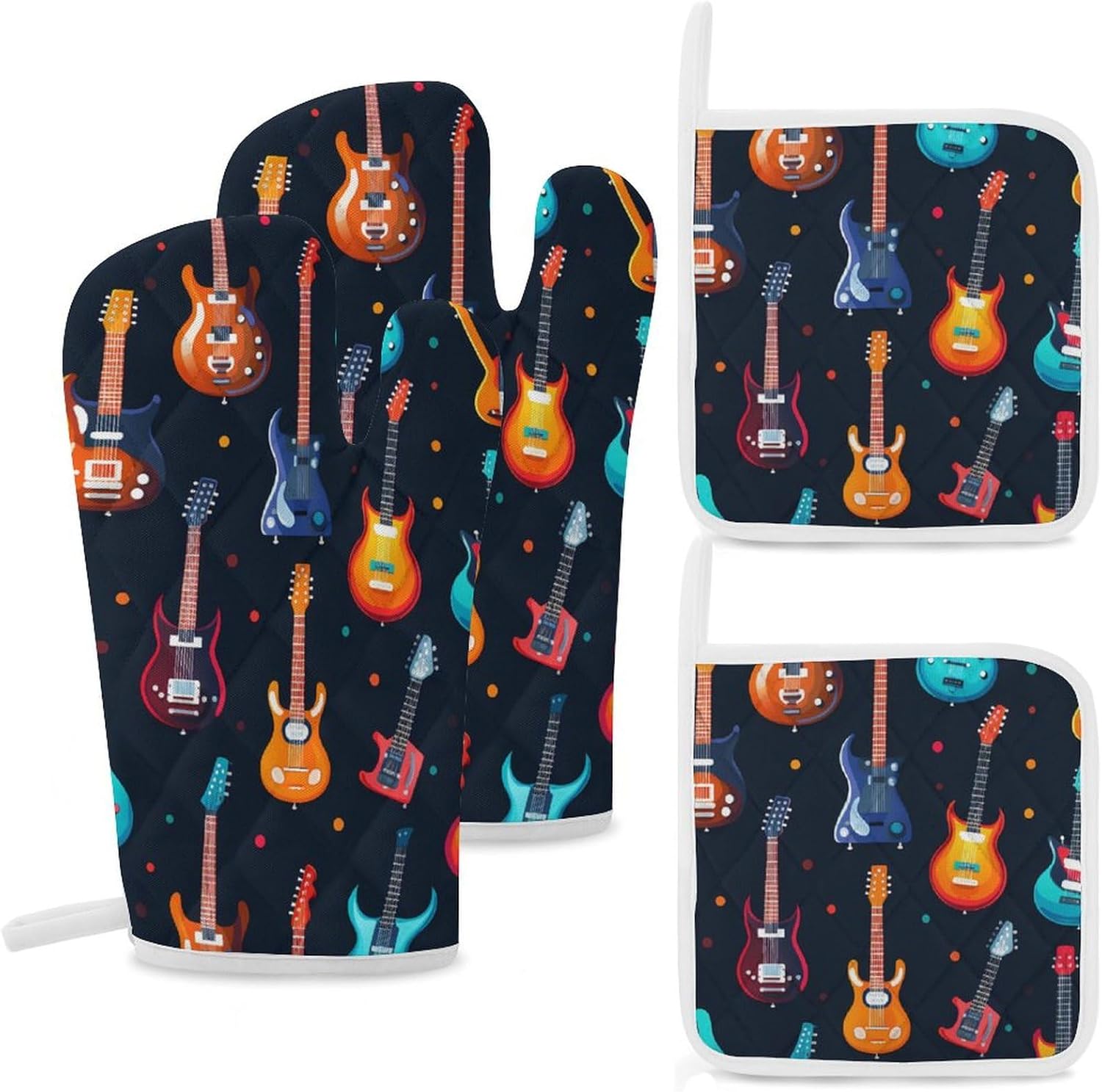 Music Pattern Guitar 4 Pcs Oven Mitts and Pot Holders Set High Heat Resistant Long Kitchen Oven Glove Potholders