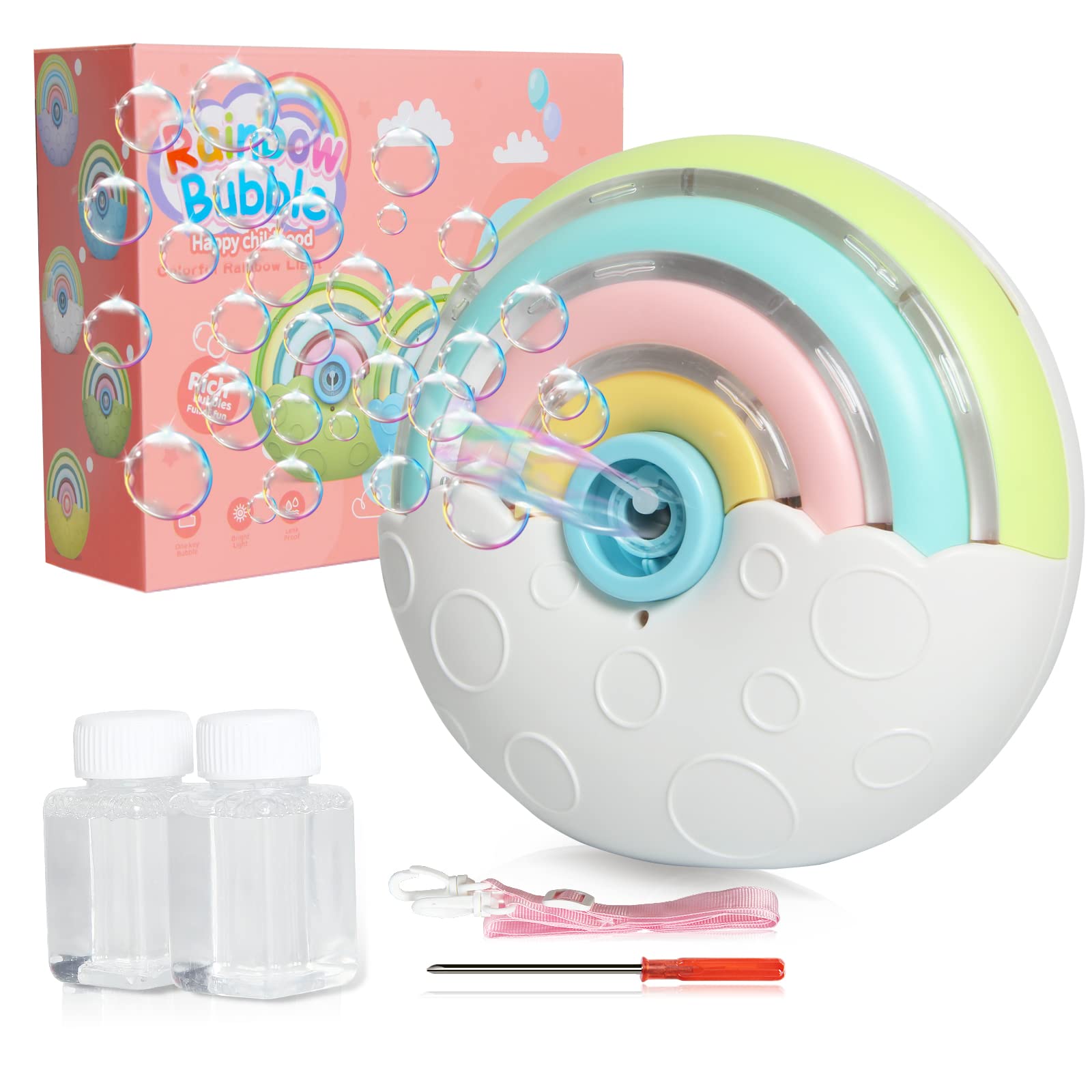 Panacare Automatische Seifenblasenmaschine, Tragbares Regenbogen Blasenmaschine für Kinder 2000+ Seifenblasen/Min mit Seifenblasenlösung*2, Seifenblasenspielzeug Kinder für Party/Hochzeit (White)