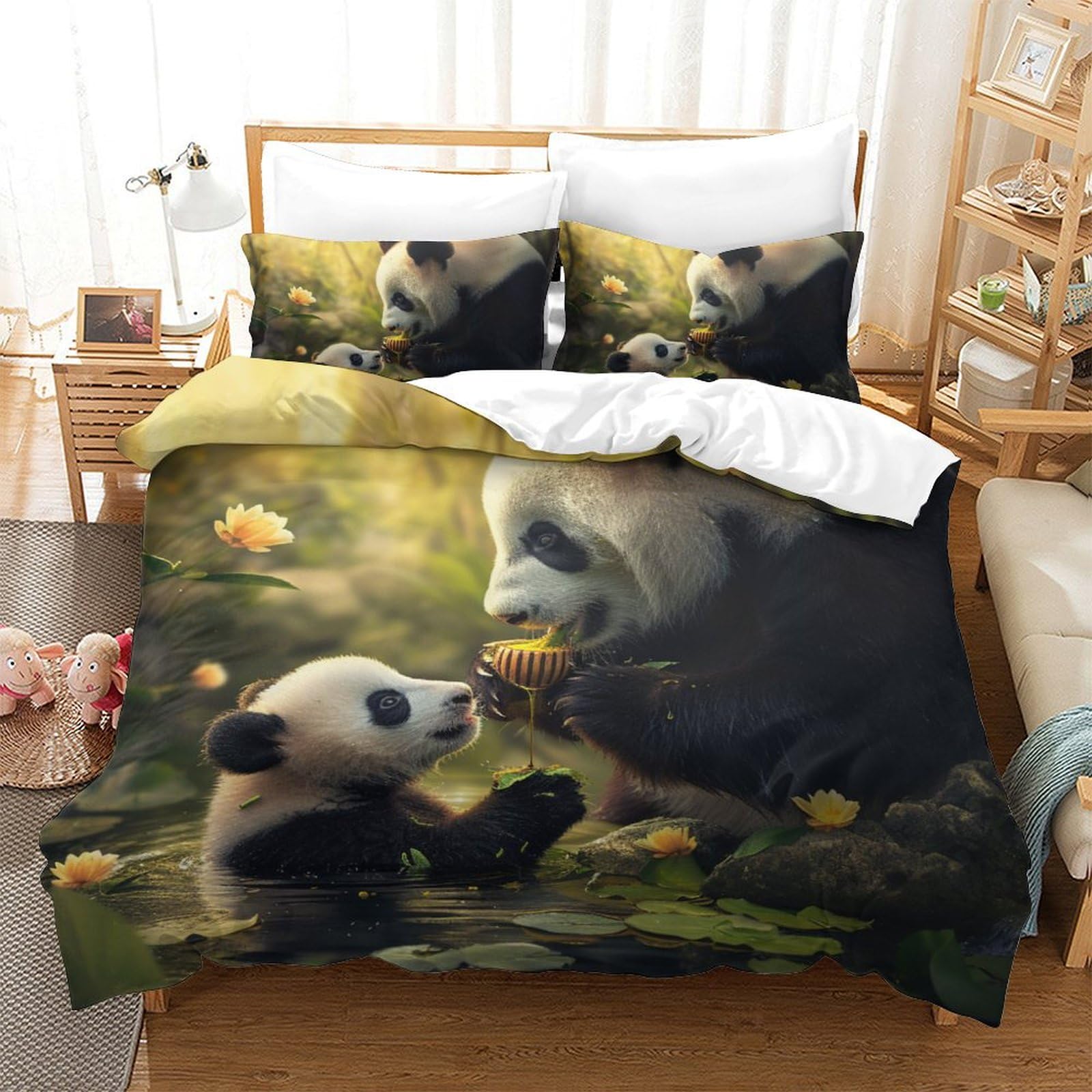Parure de lit panda 220x240 housse de couette king size fille garçon taies oreiller