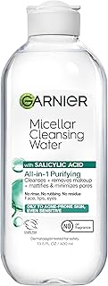 Garnier Agua micelar con ácido salicílico, limpiador facial matificante todo en 1 y removedor de maquillaje para pieles grasas y propensas al acné, 13.5 onzas líquidas