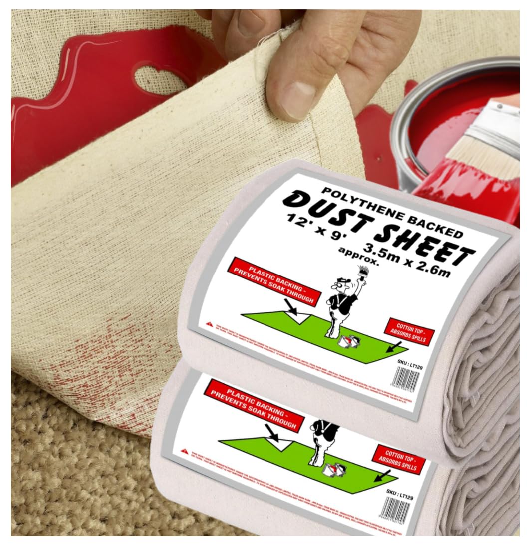 Laminated Cotton Dust Sheets for Decorating **Pack of 2** Waterproof - 12ft x 9ft - Cotton Twill Backed with Plastic Sheet Polythene Sheeting - Absorbs Spills - for Painting, Furniture, DIY, Floor
