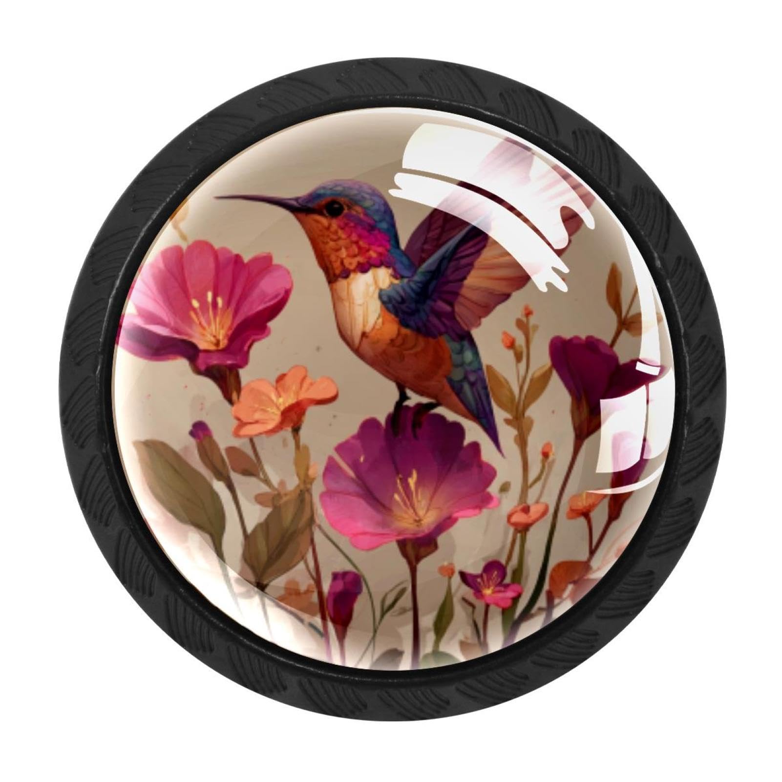 CHENZZZZ 4 Pack Hummingbird and Flowers (2) Dresser Drawer Cabinet Knobs Black Round Drawer Knob Pull Handle with Screws for Kitchen Wardrobe Cupboard Furniture Decor