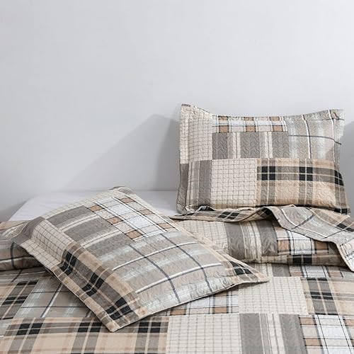 Miniatura 10 de Green Essen Juego de ropa de cama a cuadros de color azul, blanco y gris, tamaño King, juego de edredón ligero de retazos clásico, colcha de cuadros