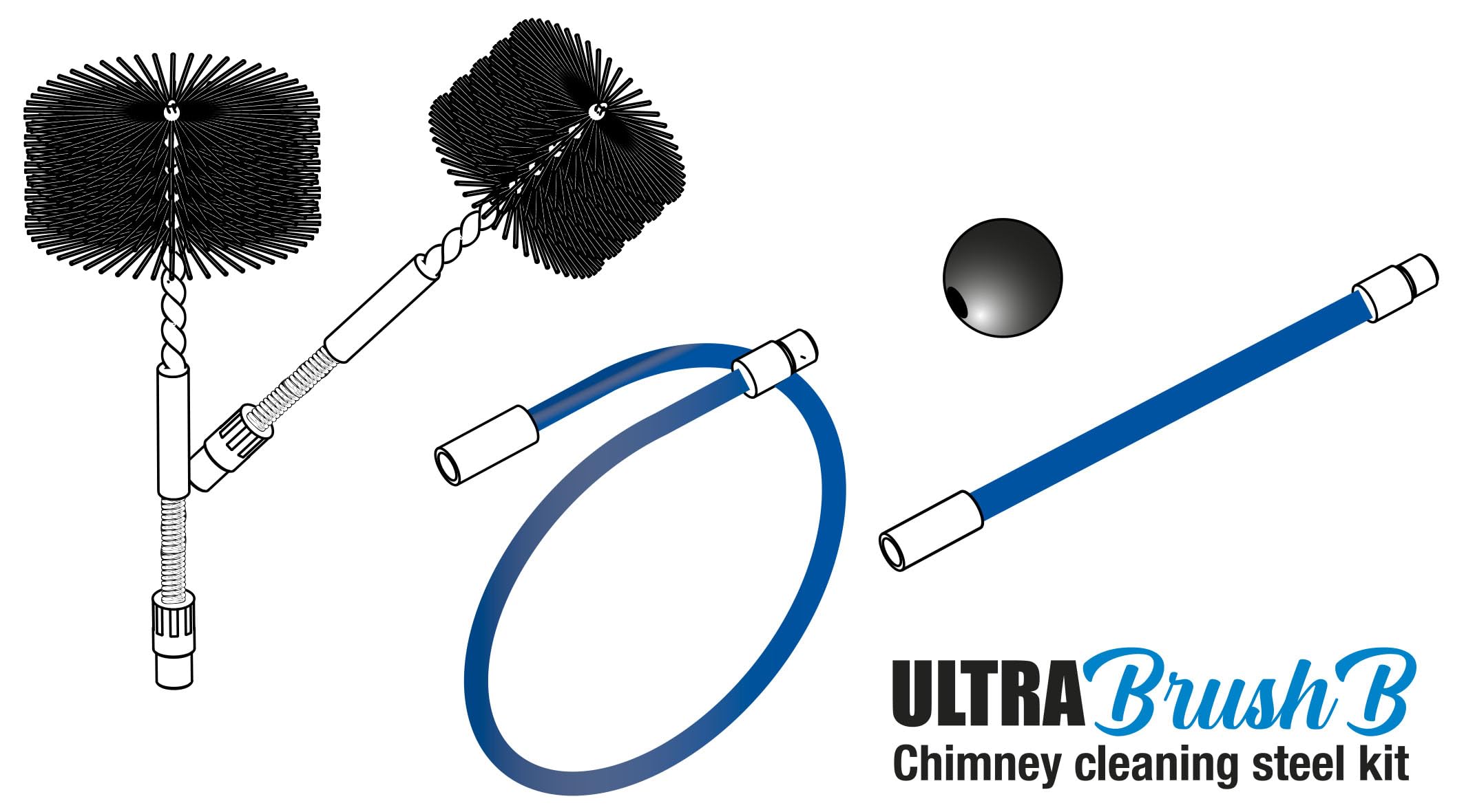 ULTRABRUSH B | Kit limpieza chimenea estufa de pellet. 2 escobillas deshollinador flexible. Compatible con todo tipo de chimeneas. Alambre de acero revestido ultra robusto y deslizante. (6 metros)
