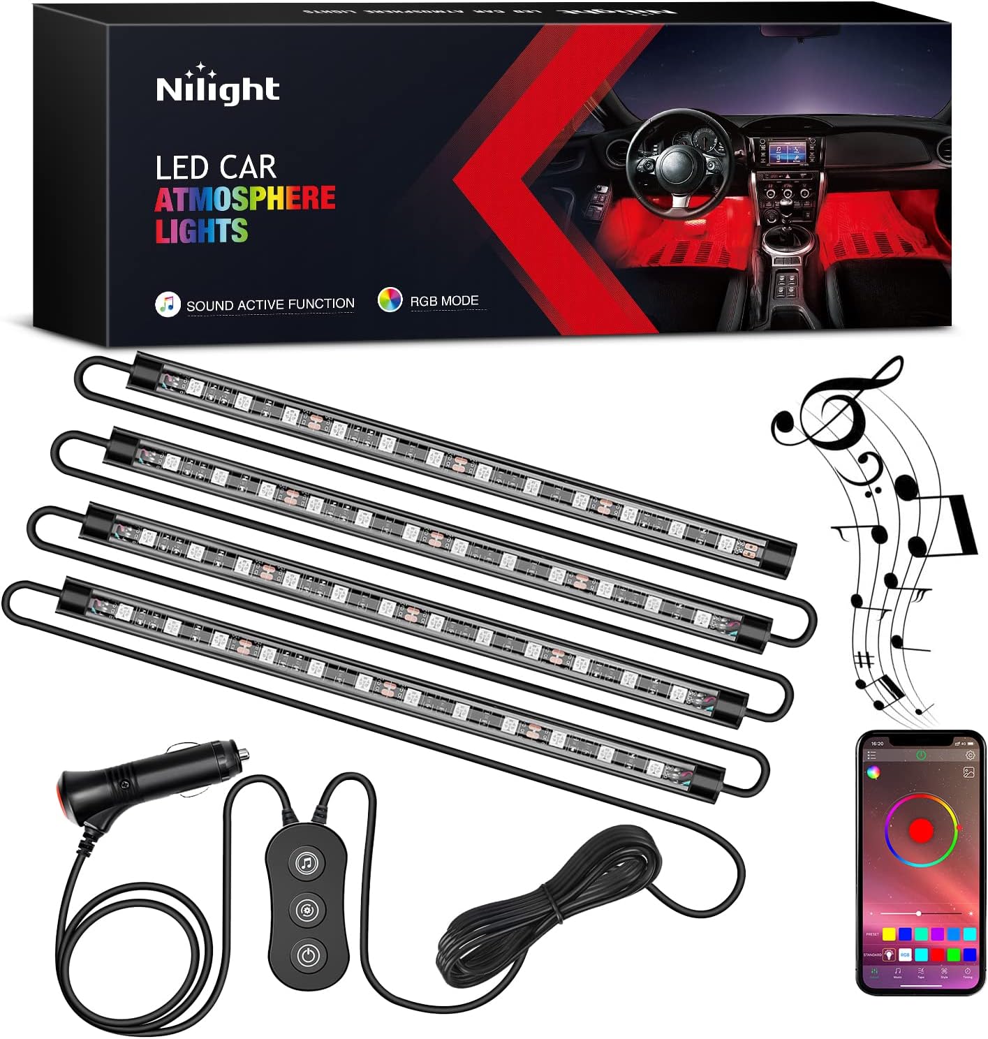 Nilight RGB LED Car Interior Stripe Light with APP Control Multicolor Music Sync Mode Waterproof Under-Glow Lighting Lamp Kits Universal Cars Truck ATV UTV,2 Years Warranty