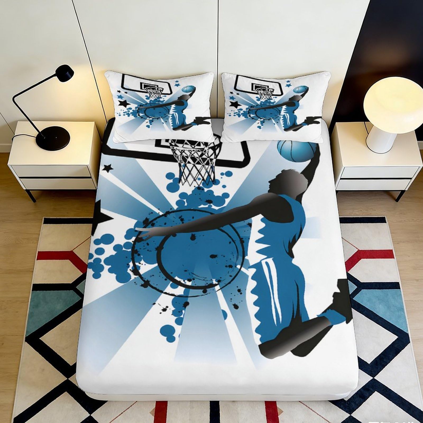 Pnayamiorkfel Style-5 3D Printed Basketball Slam Dunk Fitted Sheet Microfiber Blue Graffiti Bed Cover For Bedroom Dorm Mattress Decor 90X200x25cm