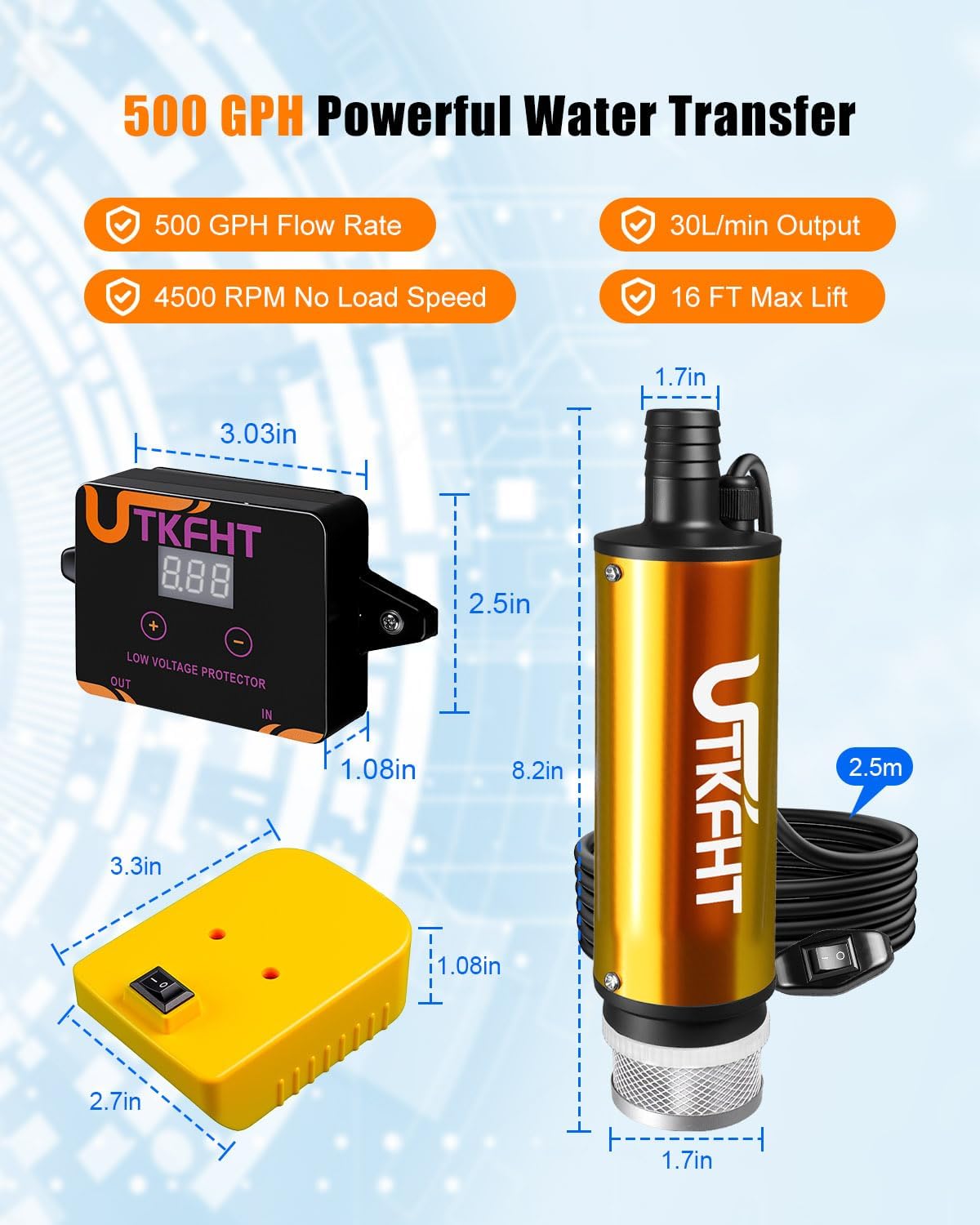 Mini Water Pump Compatible with Dewalt 20V Battery, 500GPH Draw Water Pump with 8.2FT Cable, Adjustable Low Voltage Protection, Portable Water Transfer Pump for Pool Basement Rain Barrel Garden