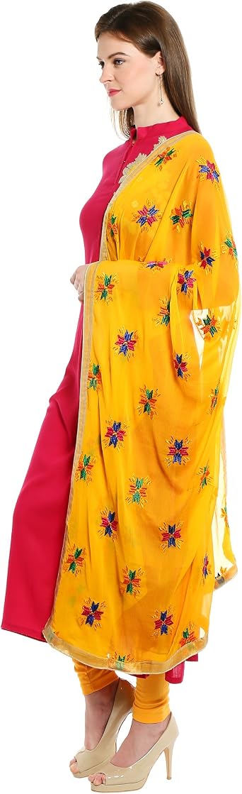 DUPATTA BAZAAR Indian Phulkari Embroidered Chiffon Dupatta Stole for Women/Designer Ethnic Lace Border Scarf Shawl/Chunni