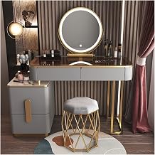 Vanity Table Glass Dressing Table Makeup Modern Simple Advanced Solid Wood Dressing Table Bedroom Storage Dressing Table Smart Mirror Makeup Stool Set Makeup Table,Grey+Gold-120Cm