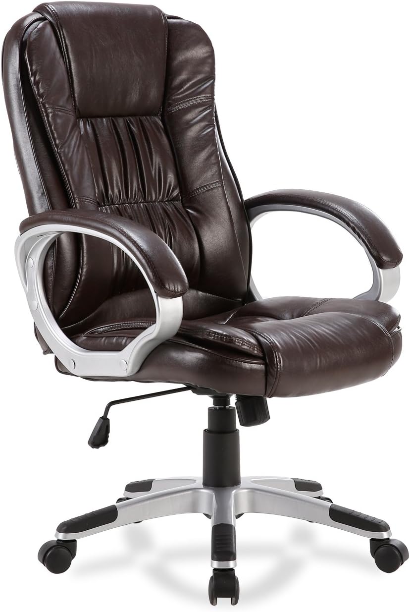 BELLEZE High-Back PU Leather Executive Office Ergonomic Computer Desk Chair with Padded Arms Chrome Silver, Adjustable Height & 360 Swivel - Stella (Mocha)