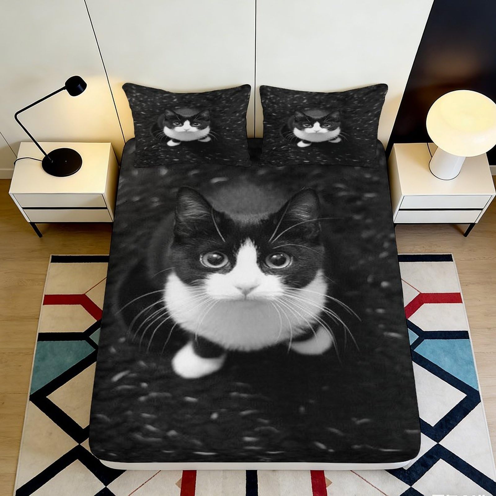 3D Printed Black Cat Fitted Sheet Microfiber Soft Bedroom Decor Art Animal Bed Cover for Adult Teen Youth 90x200x25cm