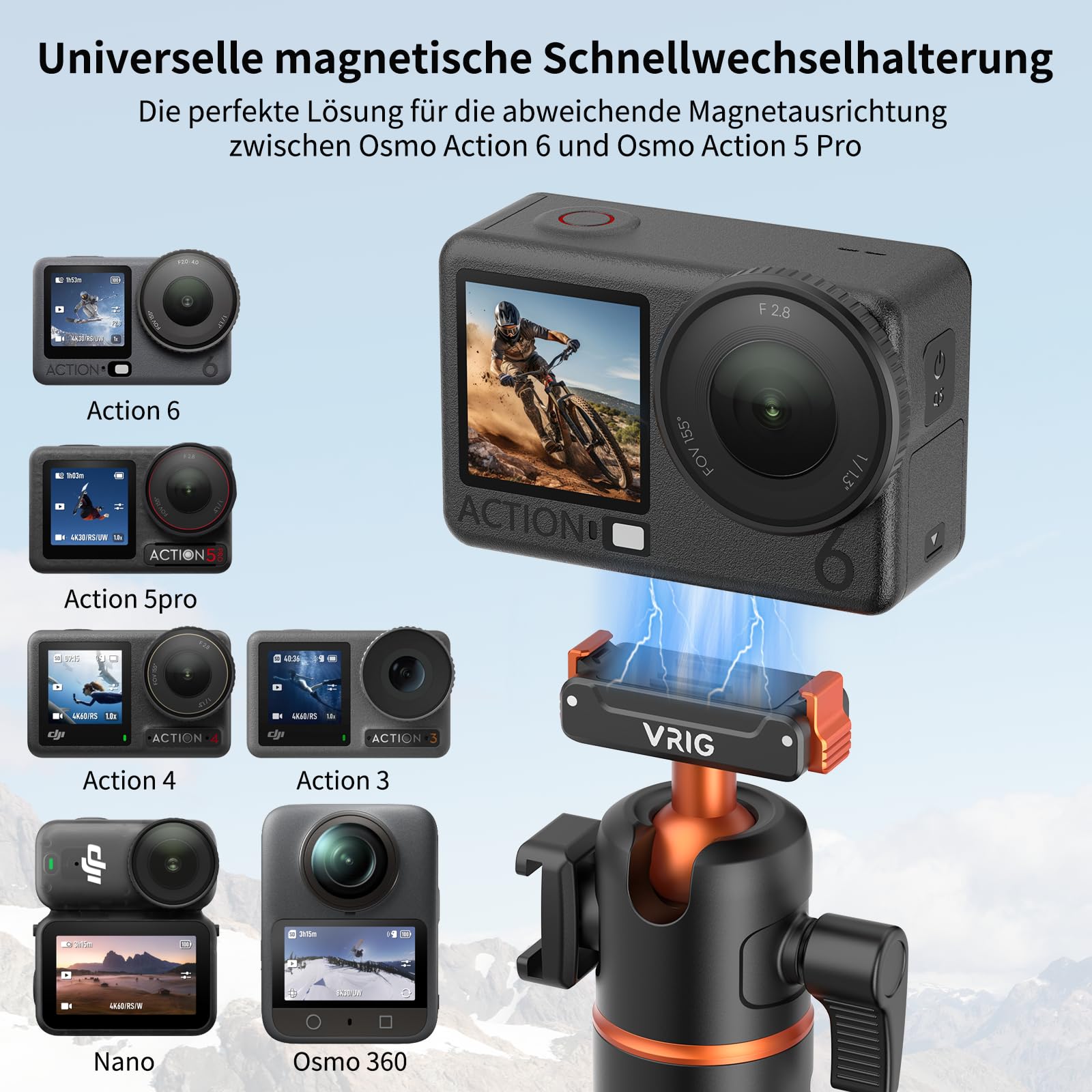 VRIG AC-90S Selfie Stick Stativ für DJI Osmo Action 6/5 Pro/ 4/ Osmo 360 | 55 cm Verlängerungsstab mit Magnetischer-Schnellwechseladapter & Fernbedienung für Vlogs, Live-Übertragungen und Reisen
