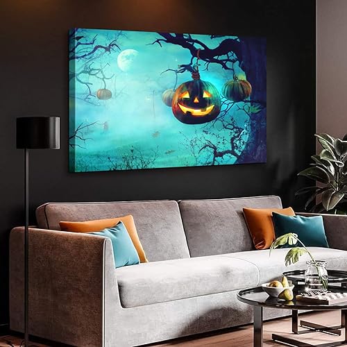 Miniatura 2 de ZKBX - Arte para pared de Halloween, decoración de calabaza, pósteres de bosque lunar, imágenes de noche de bosque oscuro de miedo, impresión en
