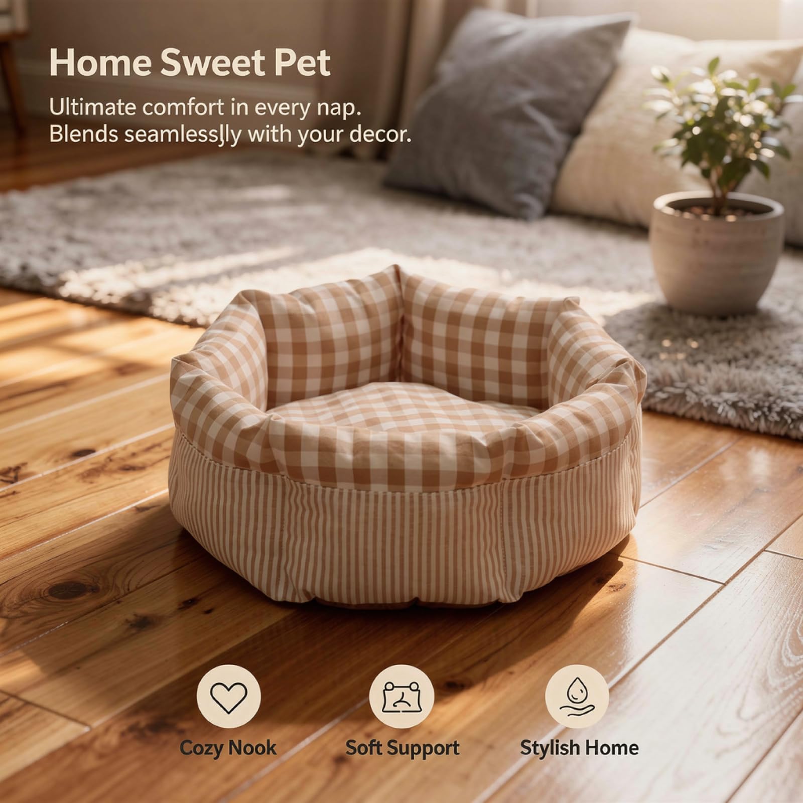 Generisch Cama para gatos y perros pequeños, cama redonda para mascotas con patrón de cuadros amarillos, suave y cómoda para acurrucarse, diseño cerrado con lados altos, 16.5 pulgadas