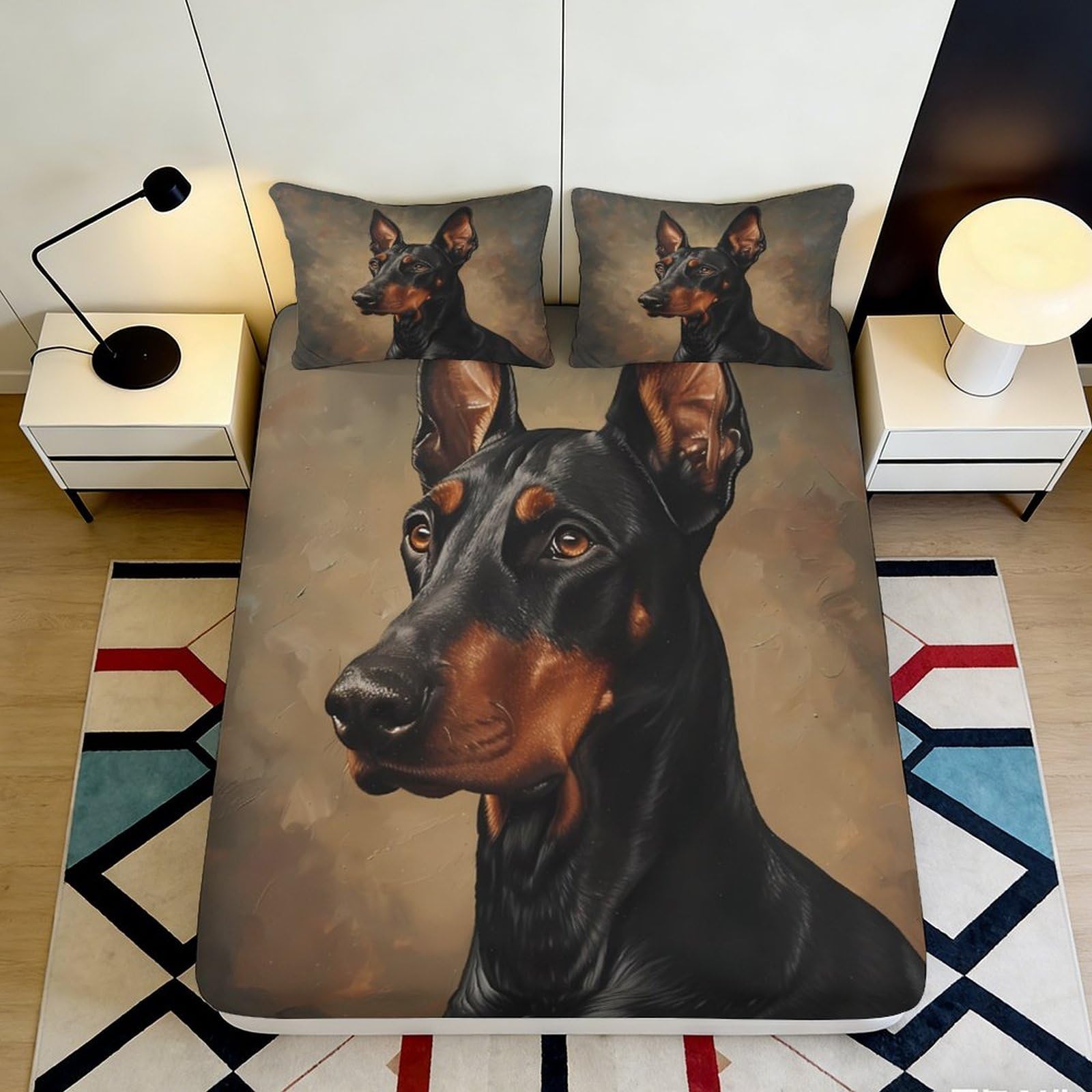 3D Printed Doberman Portrait Fitted Sheet Microfiber Decor Black Brown Dog Bed Cover for Bedroom Guest Room 90x200x25cm