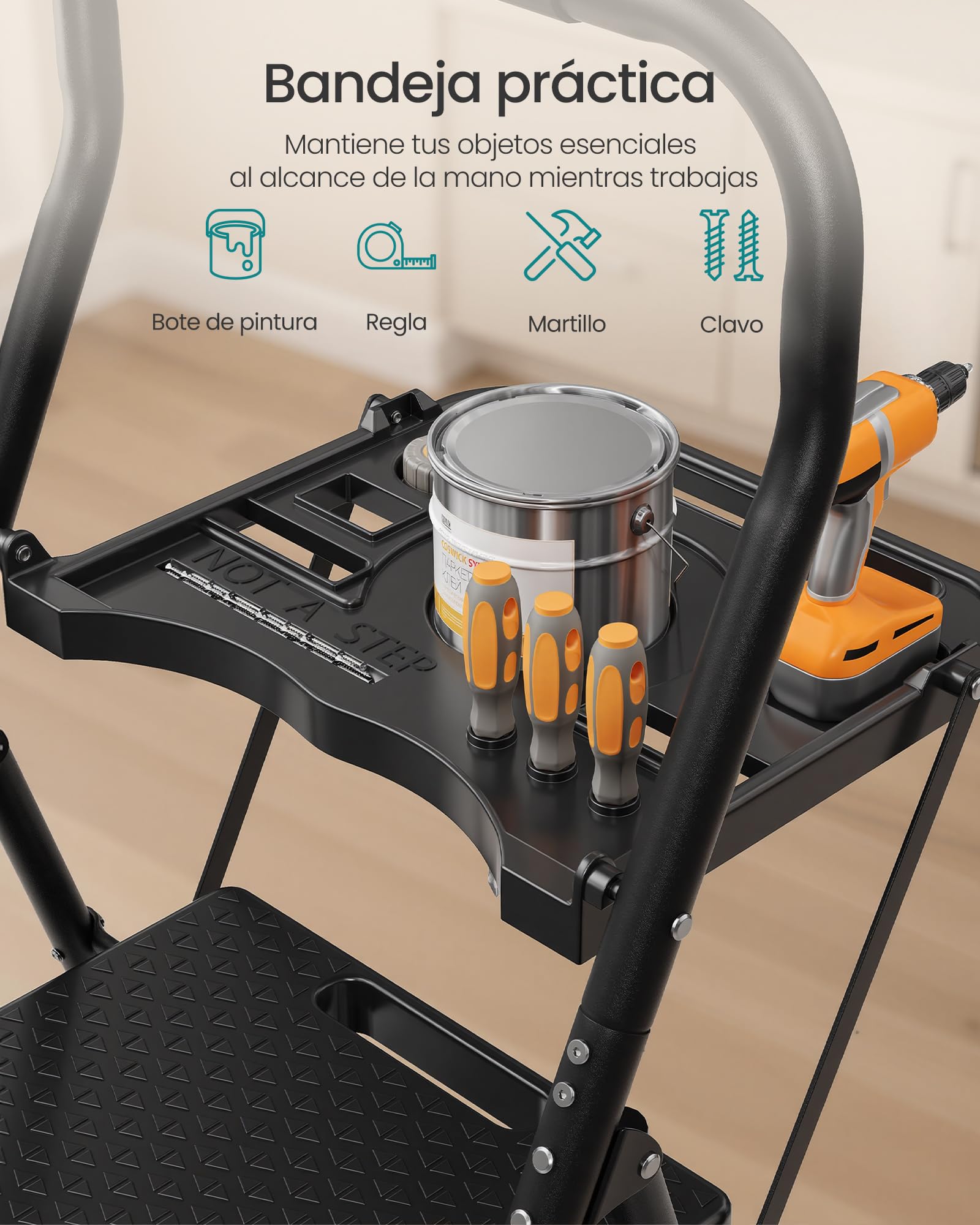 SONGMICS Escalera de Acero, Escalera Plegable de 4 Peldaños, Carga de 150 kg, para Casa, Oficina, Jardín, 84 x 45,5 x 145,2 cm, Negro GSL204BZ01