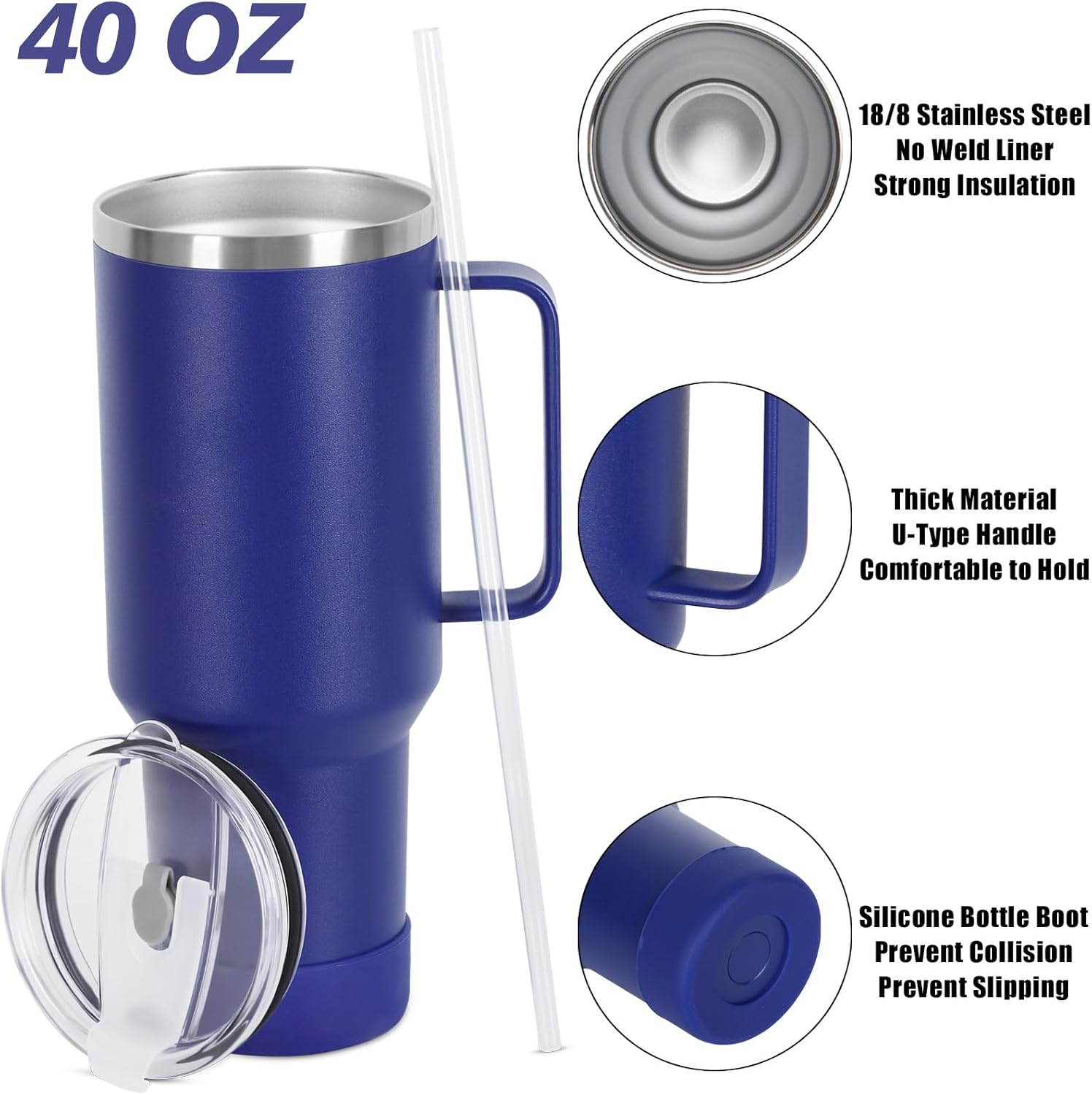 4 Pack 40 Oz Tumbler with Handle and Straw, Stainless Steel Double Wall Vacuum Insulated Cup, 40 OZ Travel Coffee Mug Bulk with Silicone Water Bottle Boot(Blue) - Image 3