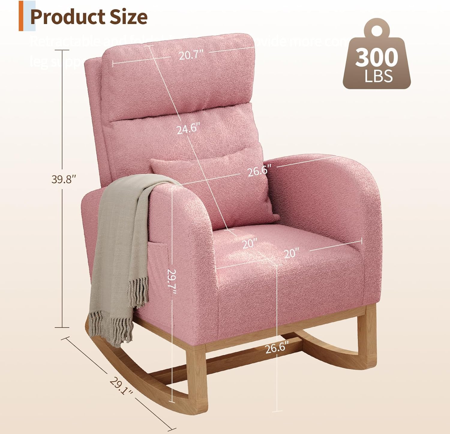 GarveeHome Teddy Fleece Rocking Chair, Modern Nursery Glider Chair with Side Pockets and Pillow, Rocker Chair for Living Room Bedroom Nursing Room, Pink
