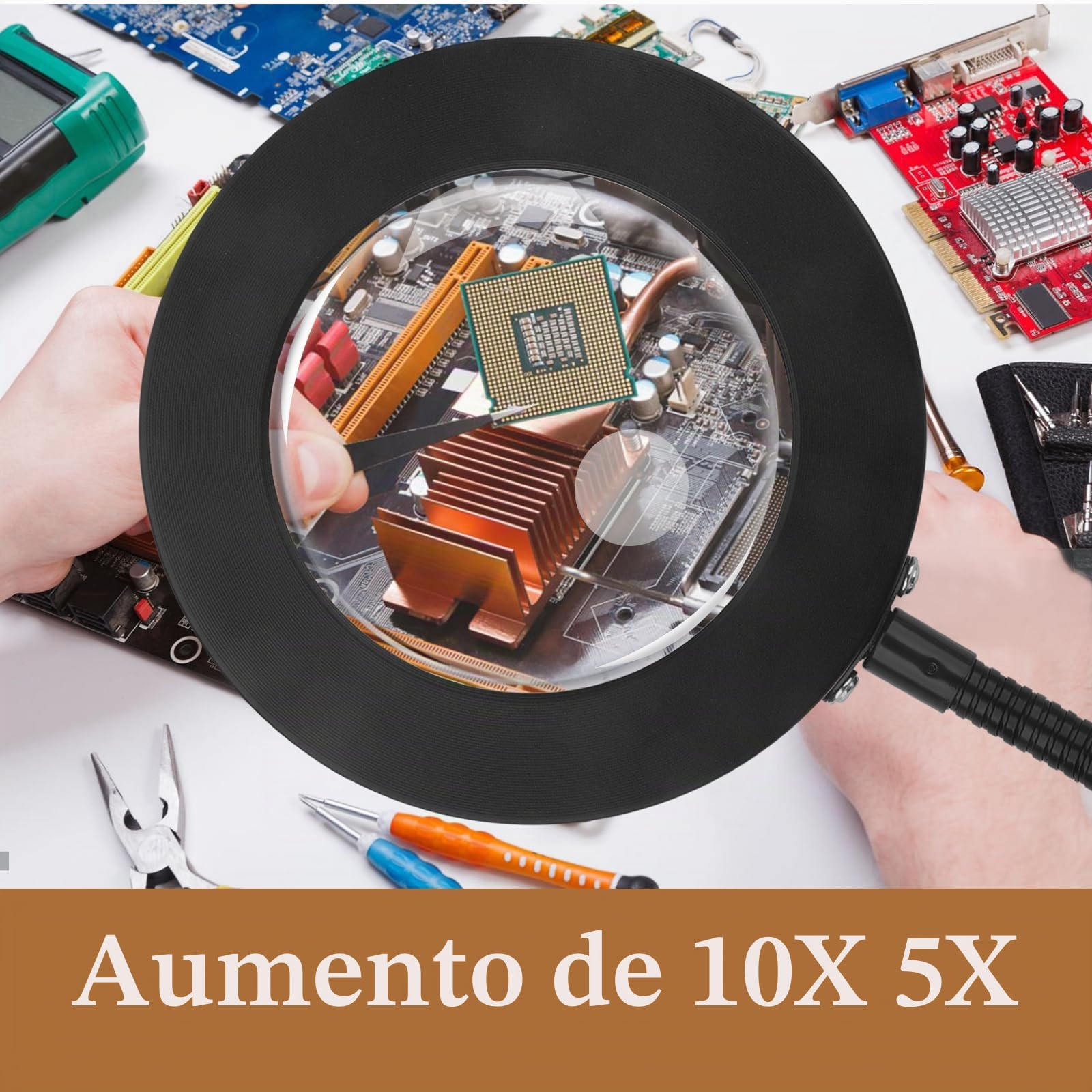 Lupa con Luz y Soporte de Aumento 5X 10X, Lampara Lupa de Piso Dimable con 36 LED, Lupas de Gran Aumento de 2 en 1 con Brazo Flexible Ajustable para Lectura, Costura, Manualidades