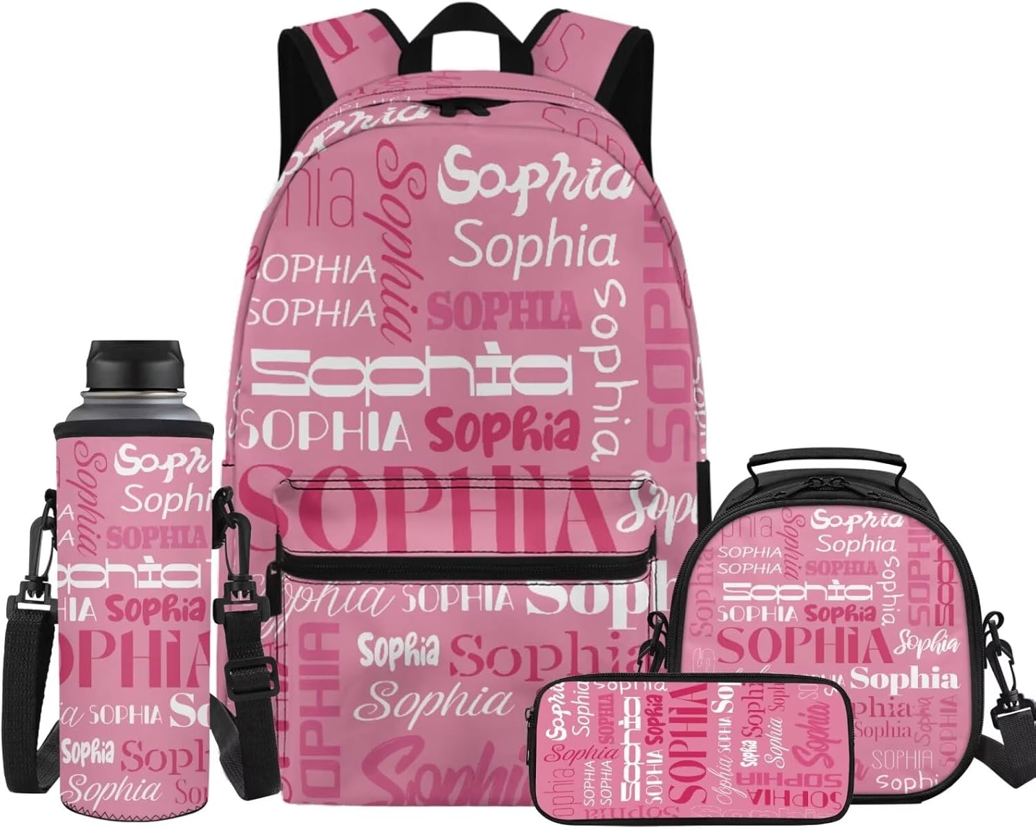 Tuoxiukan Custom School Bag for Girls 14-16 Pink Backpack with Lunch Box and Water Bottle Pencil Case 4 PCS Personalized Name Backpack for Teenagers Elementary Middle High School Kids Daypack Rucksack