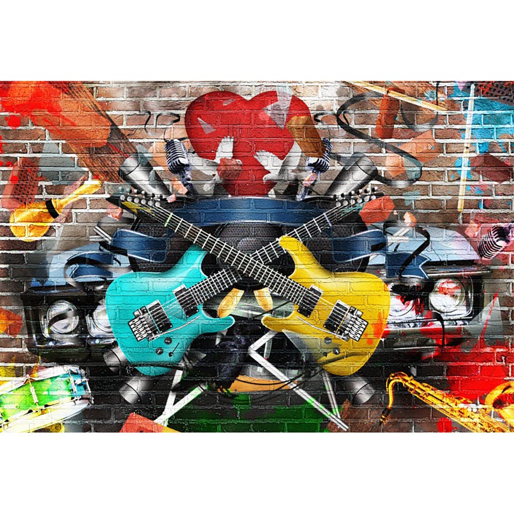 Aoihrraan 3,5x2,5m Musica Rock Sfondo 3D Vintage Graffiti Rock Chitarra Grunge Muro di Mattoni Fotografia Sfondo Scena Concerto Tema Bar Carta da Parati Ragazzo Ragazza Hip Pop Festa Puntelli Foto