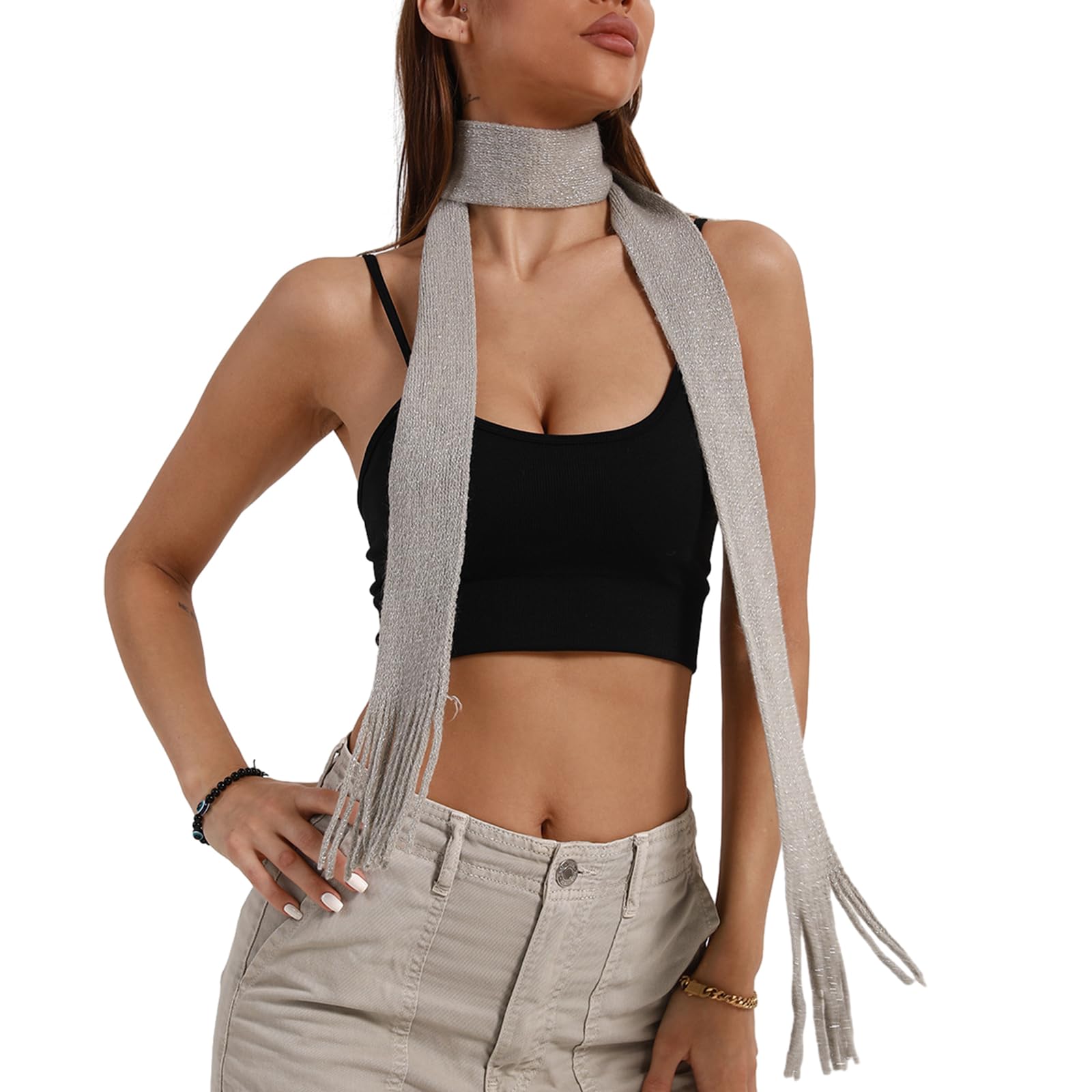 Kobeleen Women's Grey Blingbling Scarf For Long Skinny Belt Necktie Y2k Girls Photo Props Long Neckerchief Skinny Scarf Necktie
