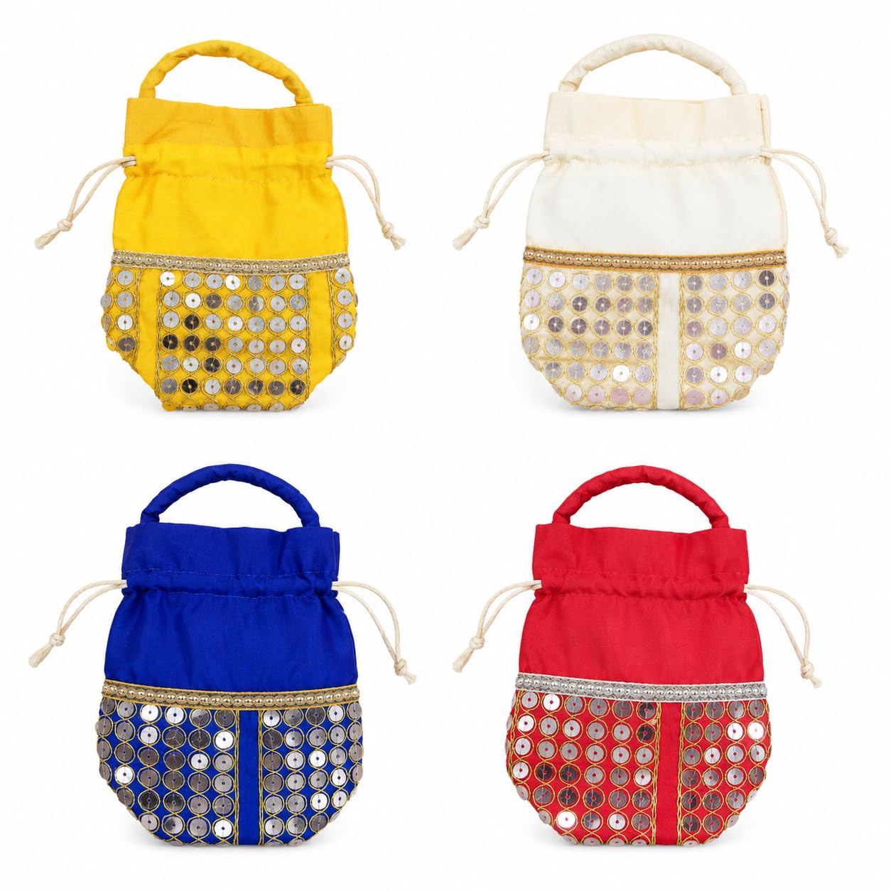 IKISHWAR Potli Drawstring Closure Potli Bag | Traditional Gota Potli Wallet | Shagun Gift Pouch for Wedding, Return Gifts, Baby Shower, Christmas & Festive Occasions | Multicolor Pack of 4-image-32