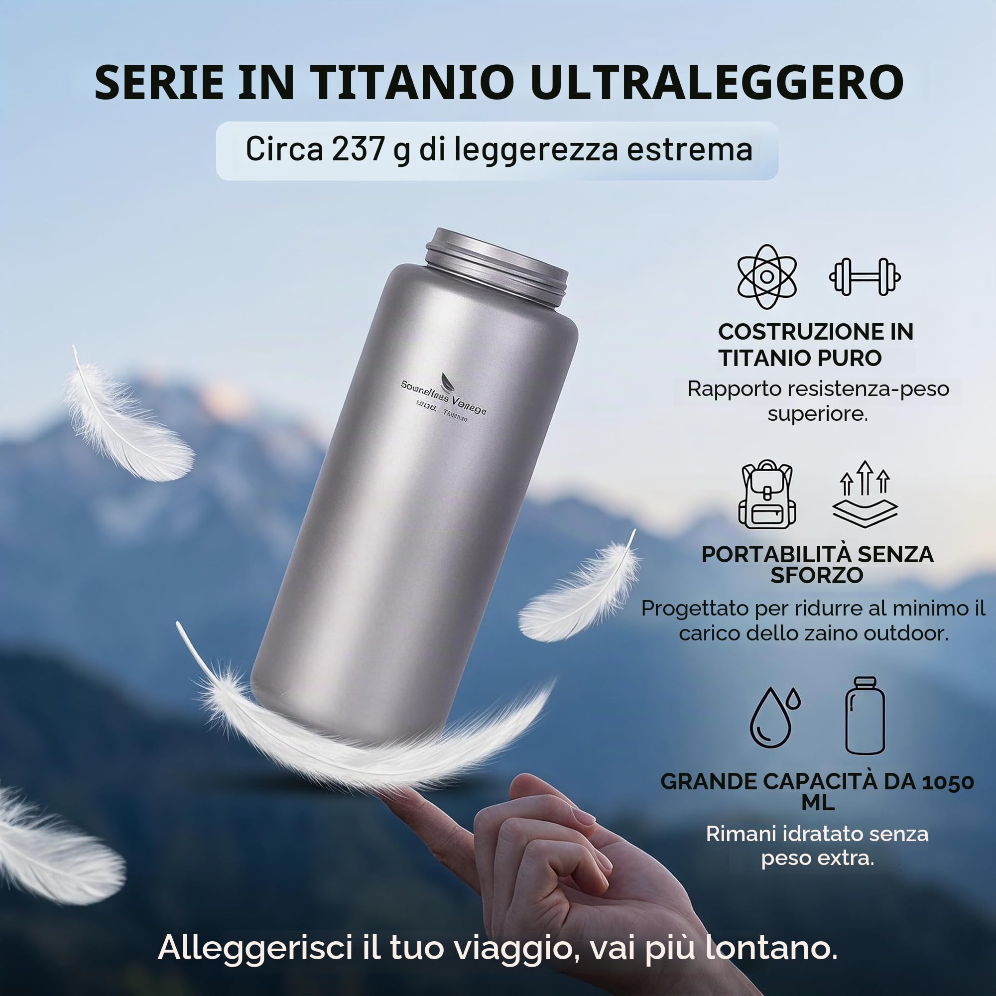 iBasingo 1050 ml, bottiglia d'acqua in titanio per esterni, a prova di perdite, bocca larga, sport, campeggio, tè, caffè, mensa, bollitore per escursioni, arrampicata, corsa Ti3005D