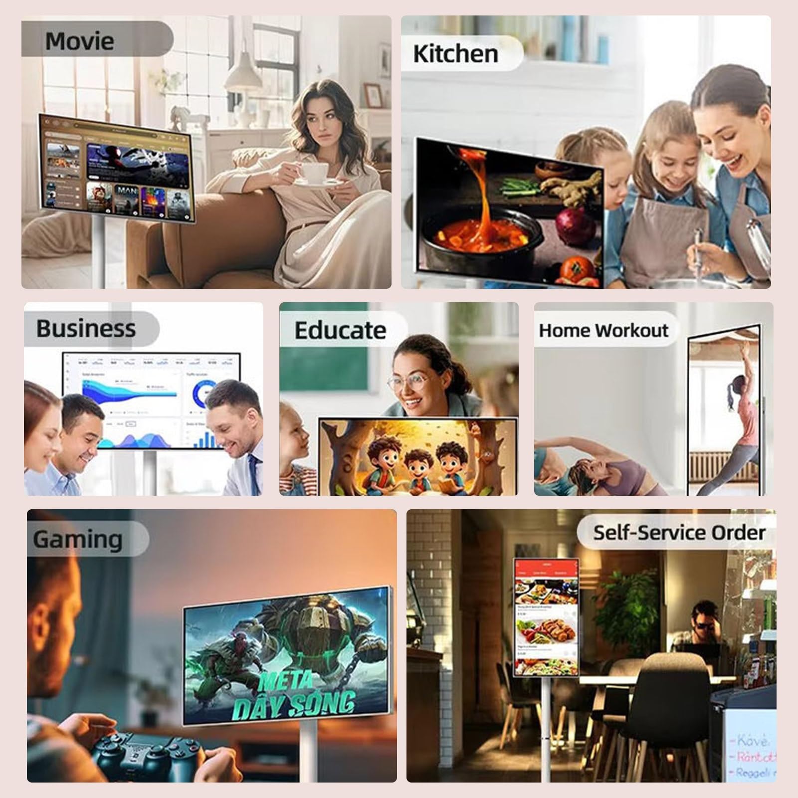TV Portable pour Extérieur 32 Pouces, TV sur roulettes, Android Smart Screen, Portable Display with Battery, pour Visioconférence Et Présentations