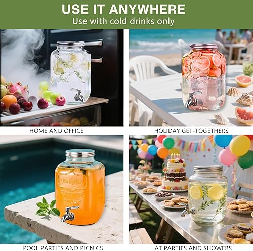 Miniatura 3 de Dispensador de bebidas de vidrio de 3.8 l, dispensador de agua con grifo, dispensador de bebidas para fiestas y uso al aire libre, jarra para agua,