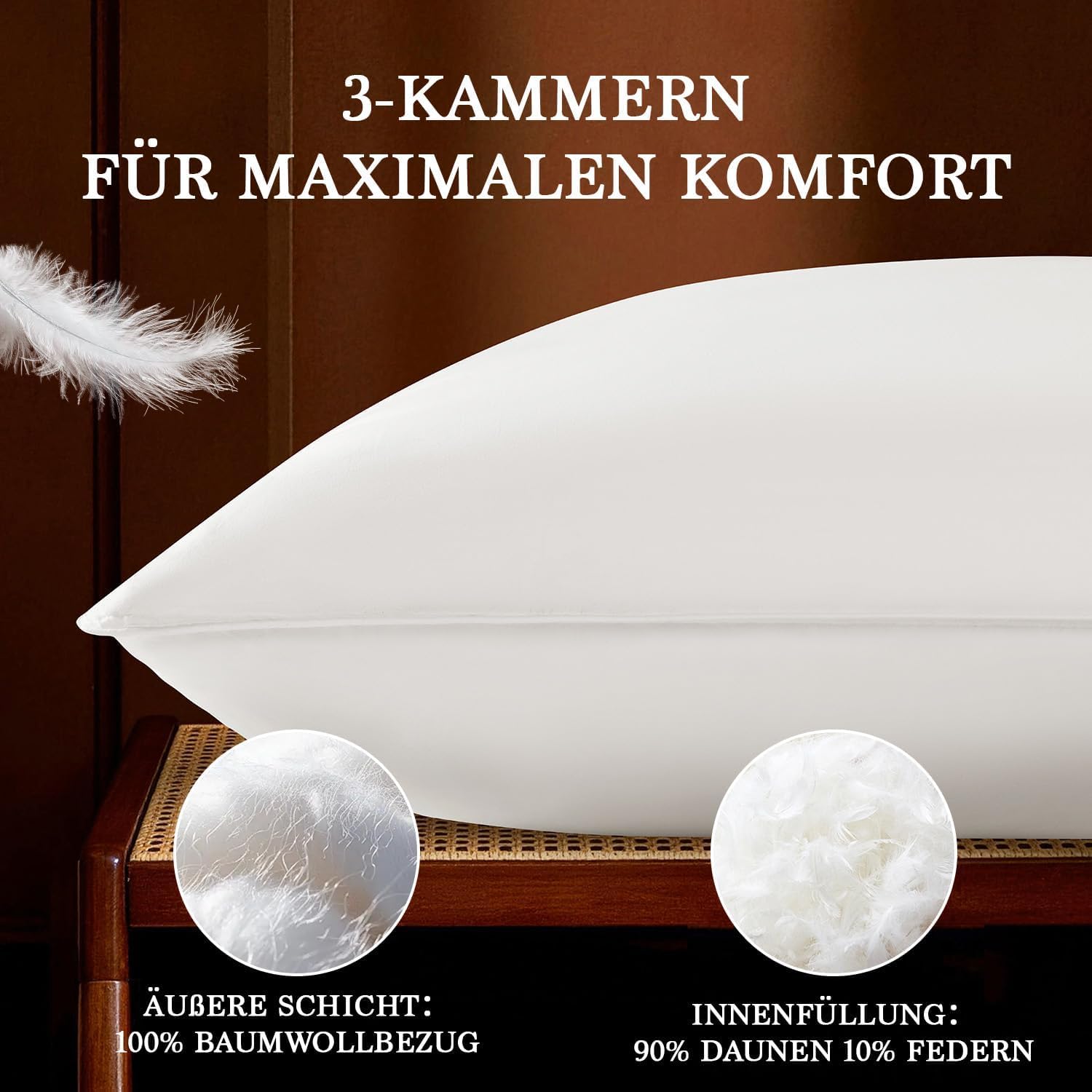 DEITAS Daunenkissen für Optimalen Nackenstütz, Luxus Federkissen mit 3 Kammer Füllung zum Schlafen, Weiche & Atmungsaktive 100% Baumwollbezug(750 g)(Weiß,40x80 cm (2 Stück))