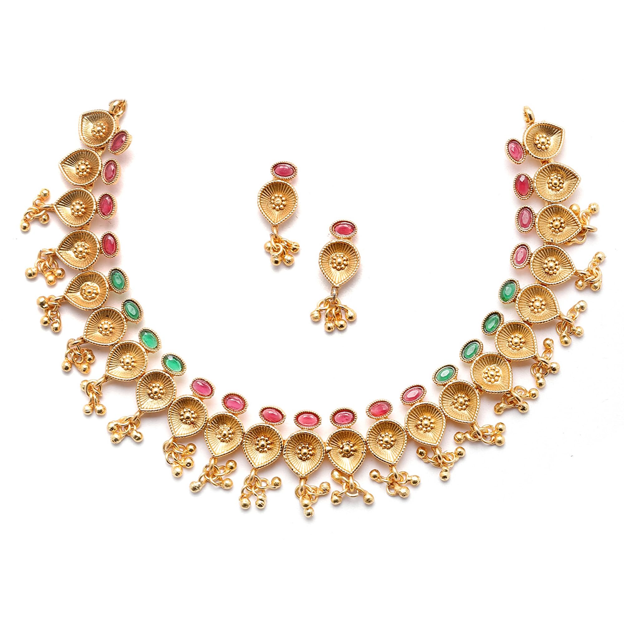 ZENEME Antique Gold-Plated Artificial Stone Studded Necklace with Earrings Jewellery Set for Girls and Women (Green & Red) (B0C1THVBX5) Amazon Price History, Amazon Price Tracker