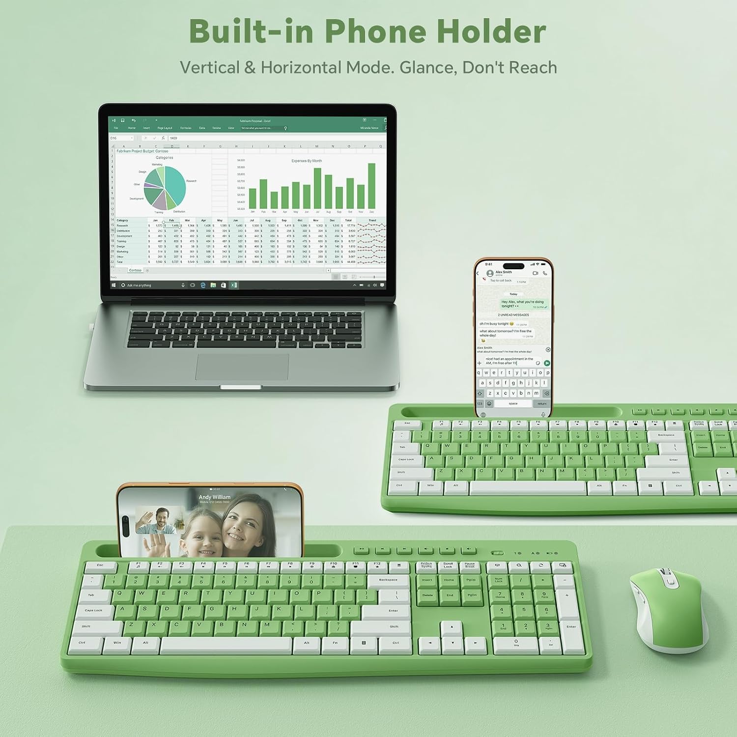 Green Wireless Keyboard and Mouse Combo with Phone Holder, 2.4G Quiet Keys | Silent Keyboard, 3-Level DPI Quiet Mouse, 12 Hotkeys, Full Size, Ergonomic for Office/Home/Work, For Windows PC Laptop, WK210