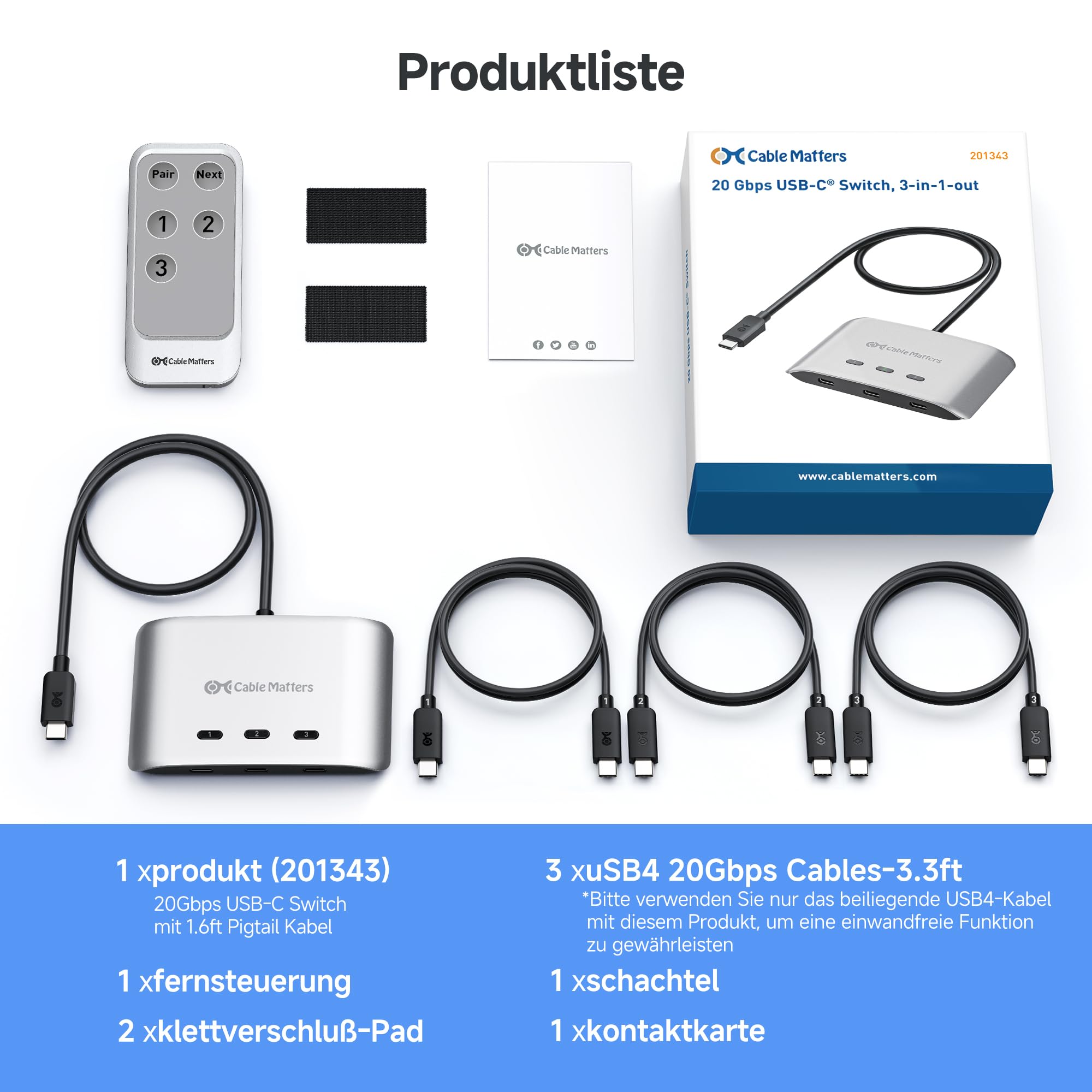 Cable Matters 20G USB C Switch, 3-in-1 Ausgang, 8K@30Hz Windows/4K@60Hz macOS, 140W PD, zum Teilen eines USB C oder Thunderbolt 4 Monitors (nicht für feste Kabeldocks)