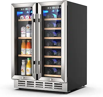 Wine and Beverage Refrigerator, 24 Inch Dual Zone Wine Fridge with Two Safety Locks, Under Counter Wine Cooler Fridge Built-In or Freestanding, Holds 20 Bottles and 57 Cans (Double Glass Door)