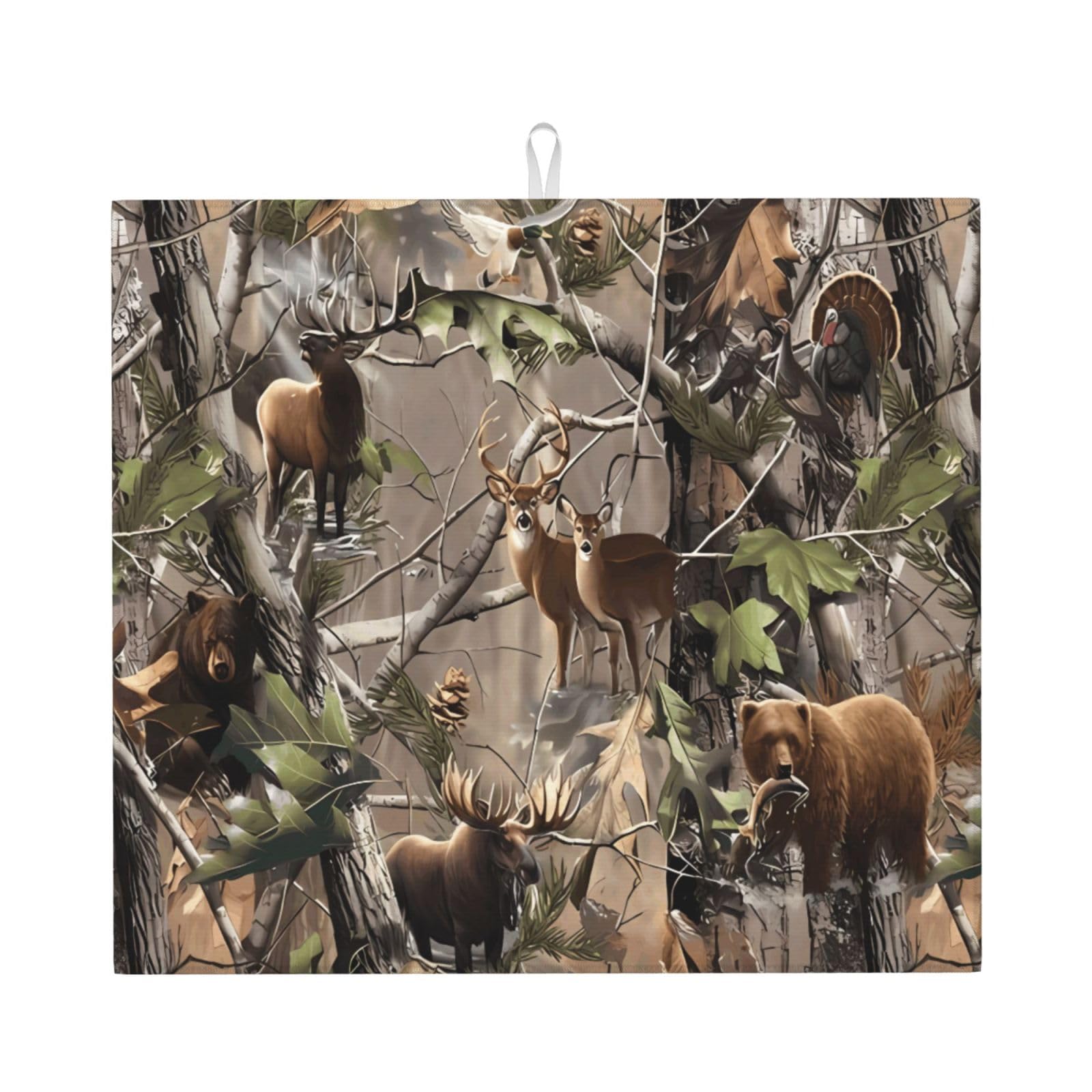 HJFCZH Wildlife Hunting Deer Bear Elk Prints Kitchen Drying Mat - Absorbent Dish Drying Throw with Vibrant Prints, Quick-Dry Countertop Layer for Dishes & Appliances - Non-Slip & Foldable