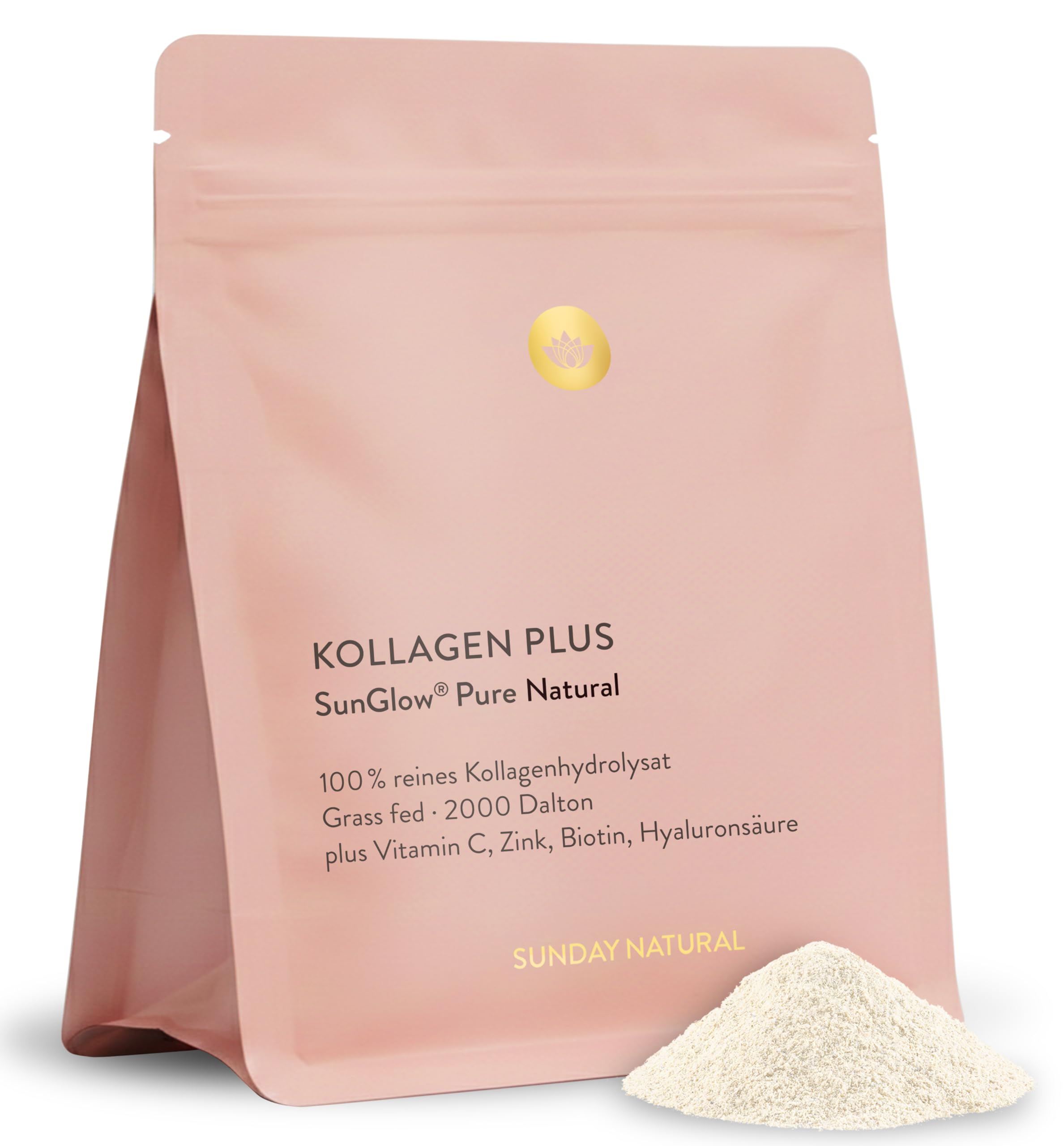 SUNDAY NATURAL® Kollagen Pulver SunGlow® Plus – 457g – Premium Collagen Pulver mit Hyaluron, Vitamin C, Biotin & Zink – Bioaktives Kollagen Hydrolysat – Hergestellt aus Kollagen Typ 1 & 3 – Neutral