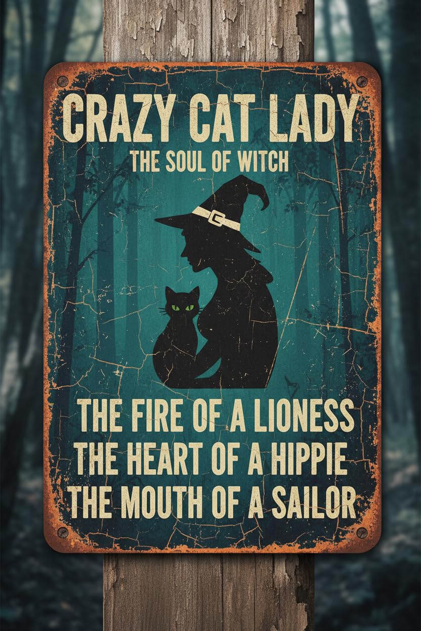 Crazy Cat Lady The Soul Of Witch Retro Metal Tin Sign Vintage Sign For Home Coffee Wall Decor 8x12 Inch Signs Aluminum Plates Printed