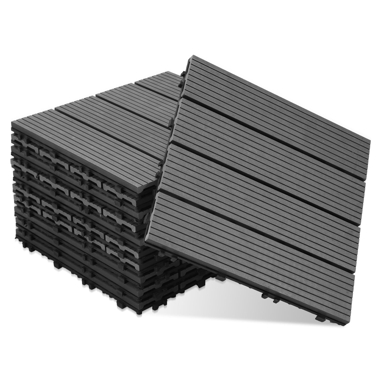 Gimisgu Płytki na podłogi tarasowe z WPC, 30 x 30 cm, o wyglądzie drewna, łączone na klik w systemie zatrzaskowym, z drenażem, zestaw 11 sztuk na 1 m², kolor antracytowy